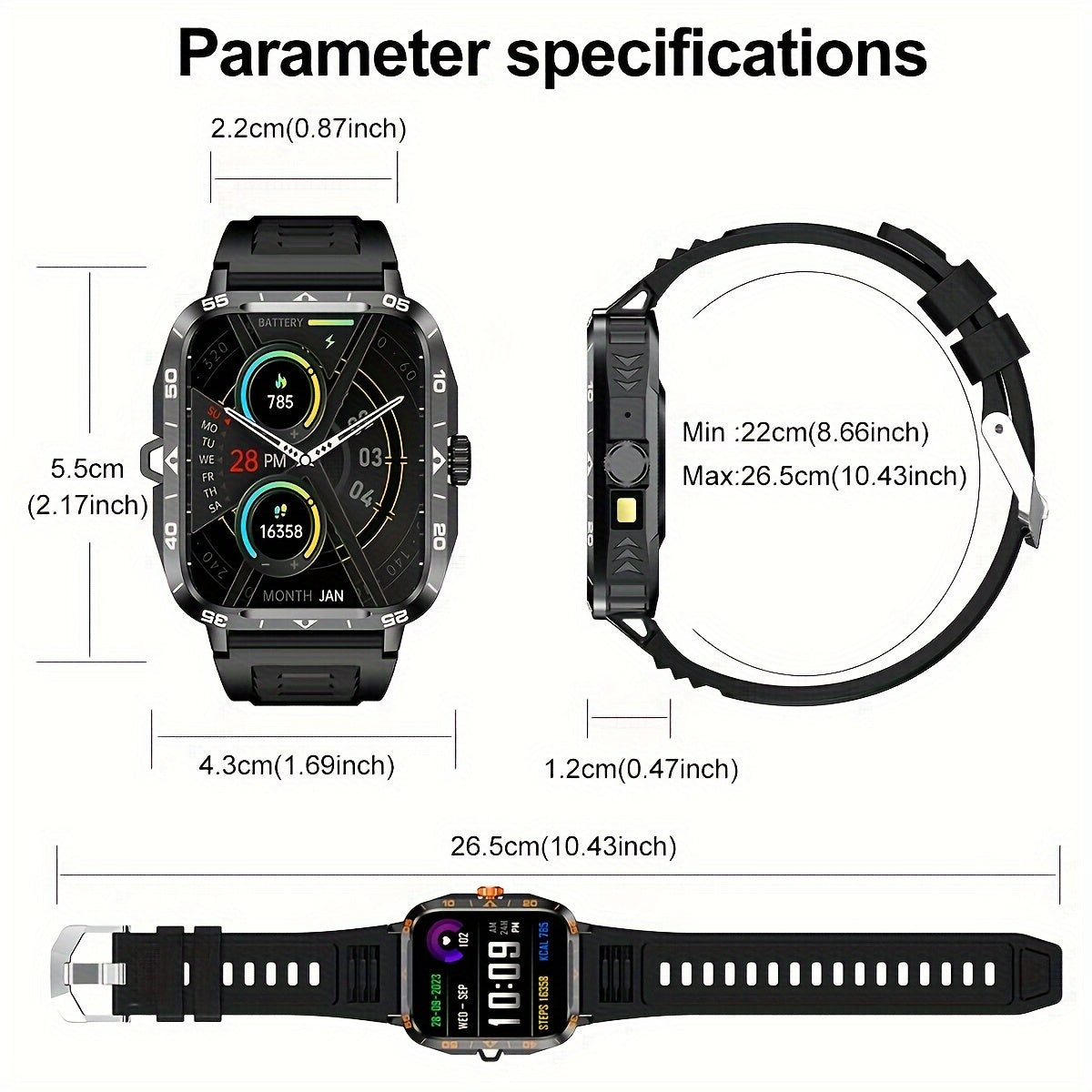 Smart Watch with LED Flashlight, 4.95cm Display, Compatible with Android & Iphone, 100+ Sports Modes, Customizable Watch Faces, Calorie & Step Counter, Water-Resistant, USB Charging, Wireless 5.1, TFT Screen, PC Case, Silicon