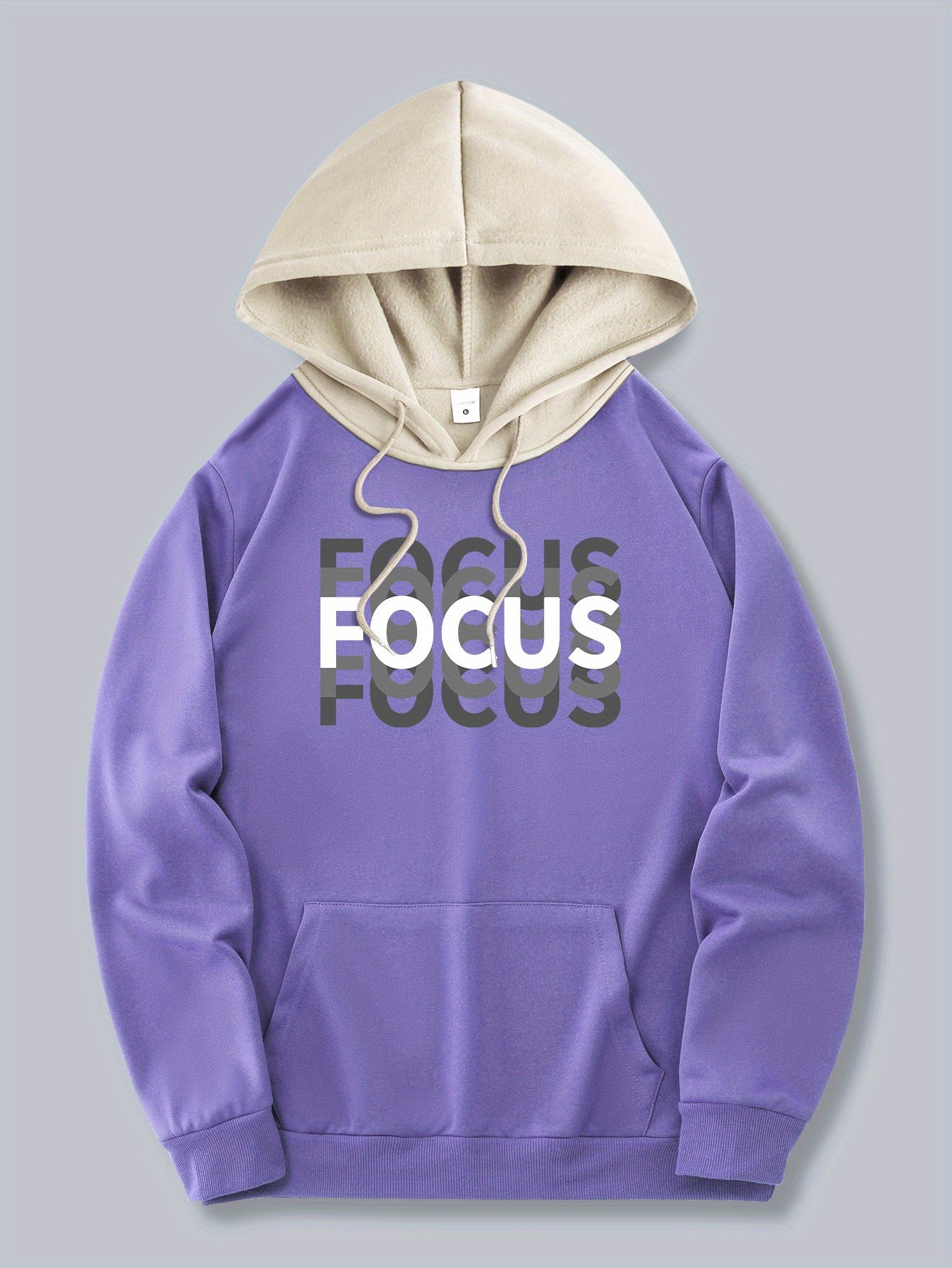Men's Trendy Color-Block Hoodie with Drawstring - Casual Apricot Pullover with Letter Print, Polyester Blend, Machine Washable