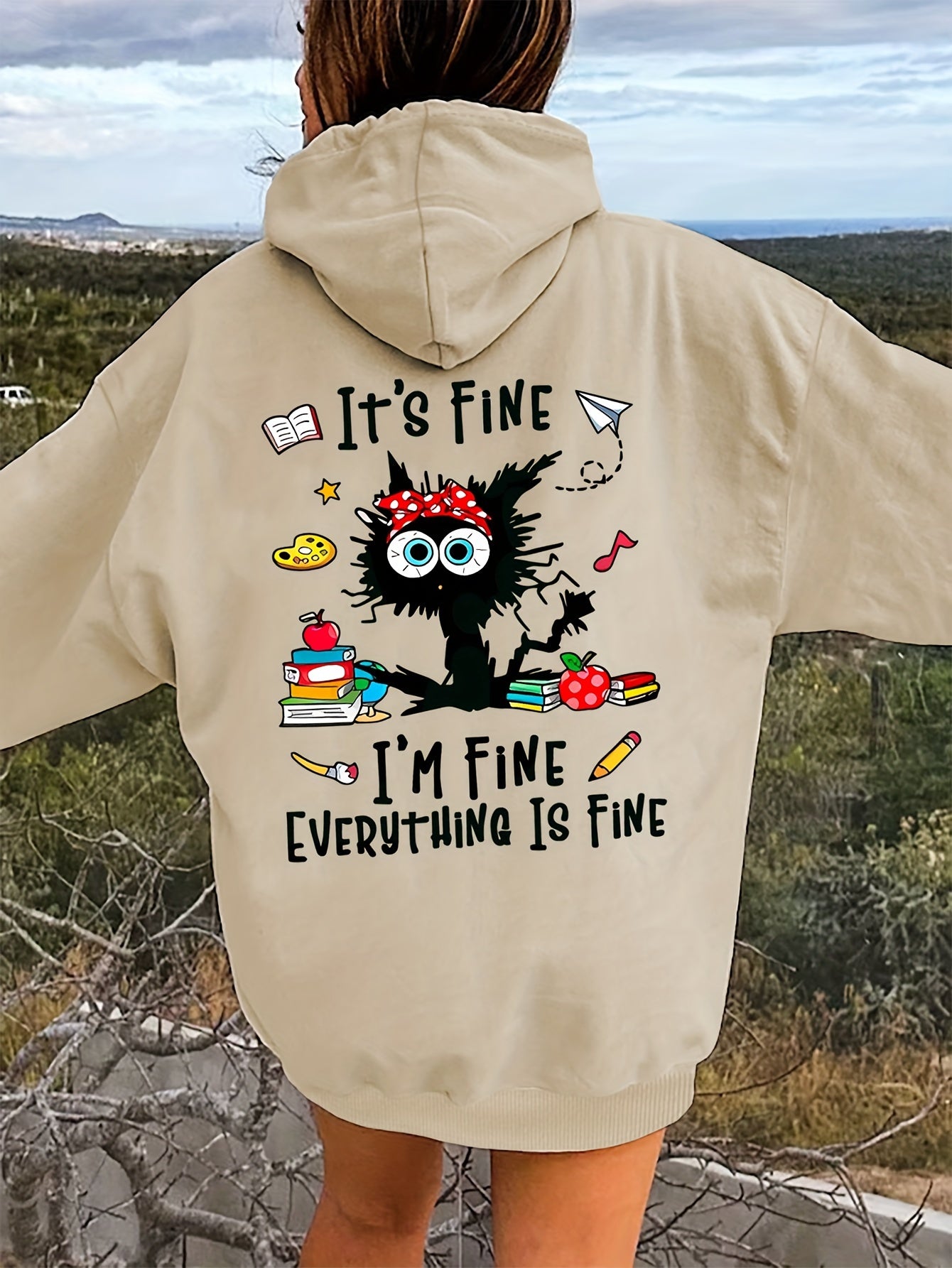 Cozy Cat & Letter Print Hoodie for Women - Casual Pullover with Kangaroo Pocket, Soft Stretch Polyester, Perfect for Fall/Winter