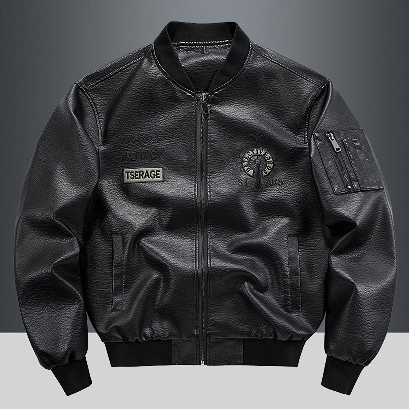 Men'S Embroidered Faux Leather Bomber Jacket, Casual Baseball Collar, Long Sleeve, Zippered, Non-Stretch, Loose Fit, for Spring/Fall/Winter - Casual Weekend Wear