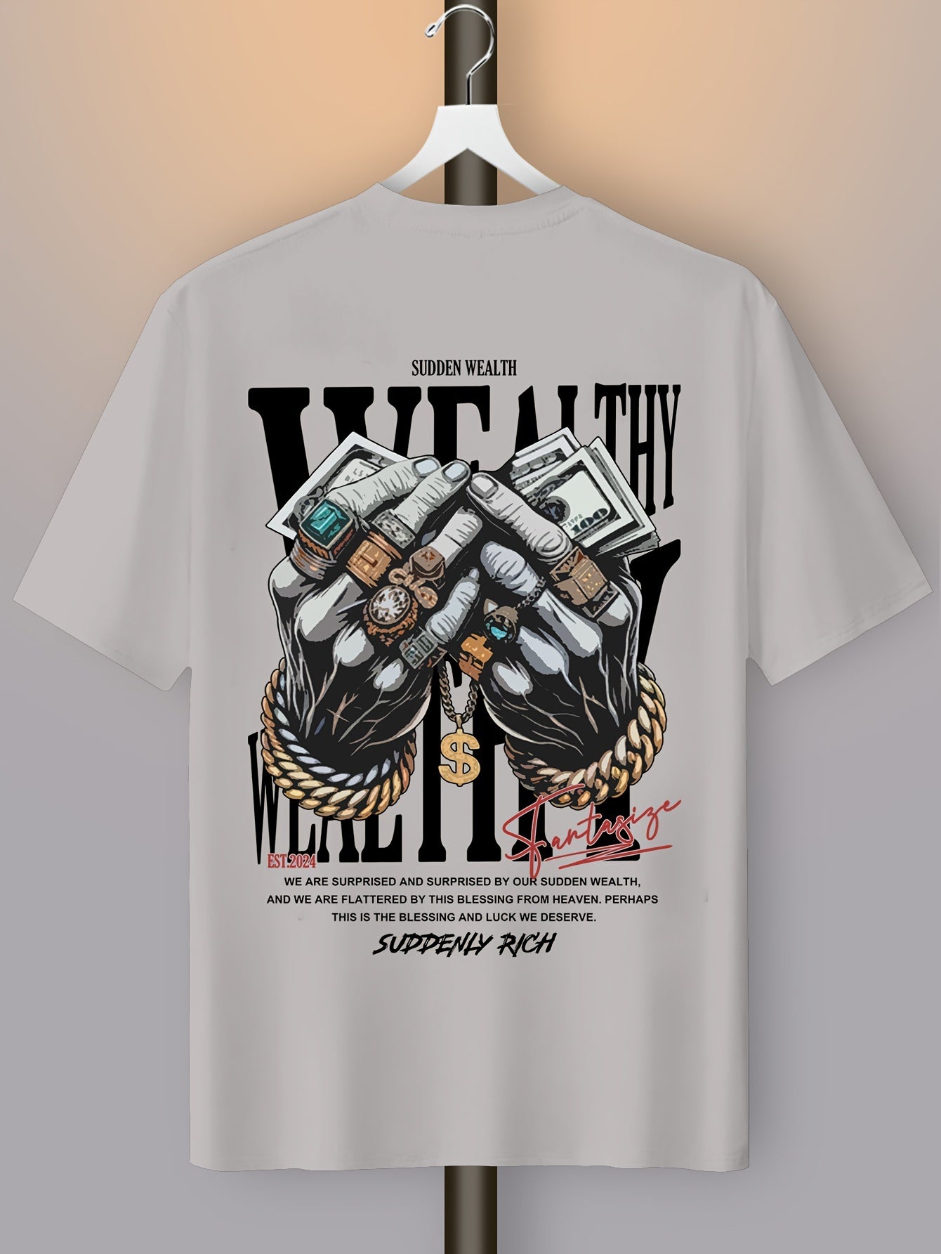 Men's Casual Graphic Tee with Unique Hand Jewelry Design - Soft Polyester Blend, Stretch Fit, Machine Washable - Perfect for Summer Outings