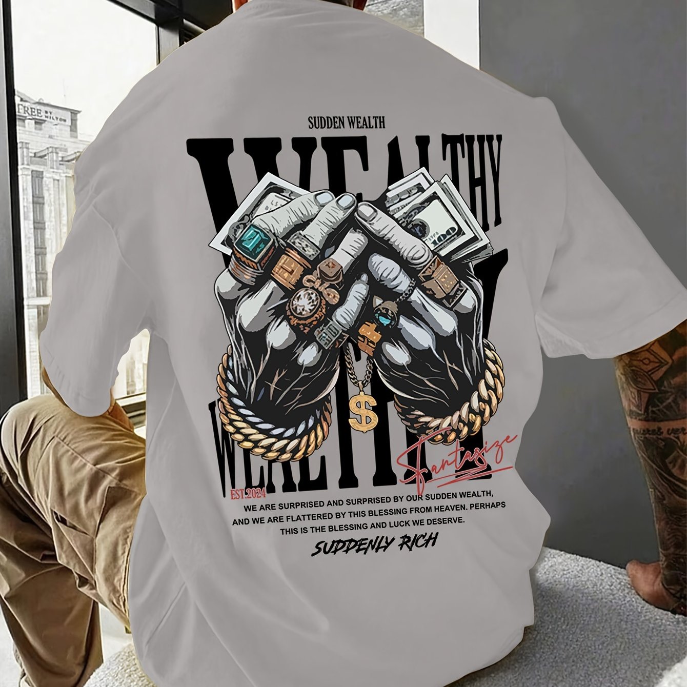 Men's Casual Graphic Tee with Unique Hand Jewelry Design - Soft Polyester Blend, Stretch Fit, Machine Washable - Perfect for Summer Outings
