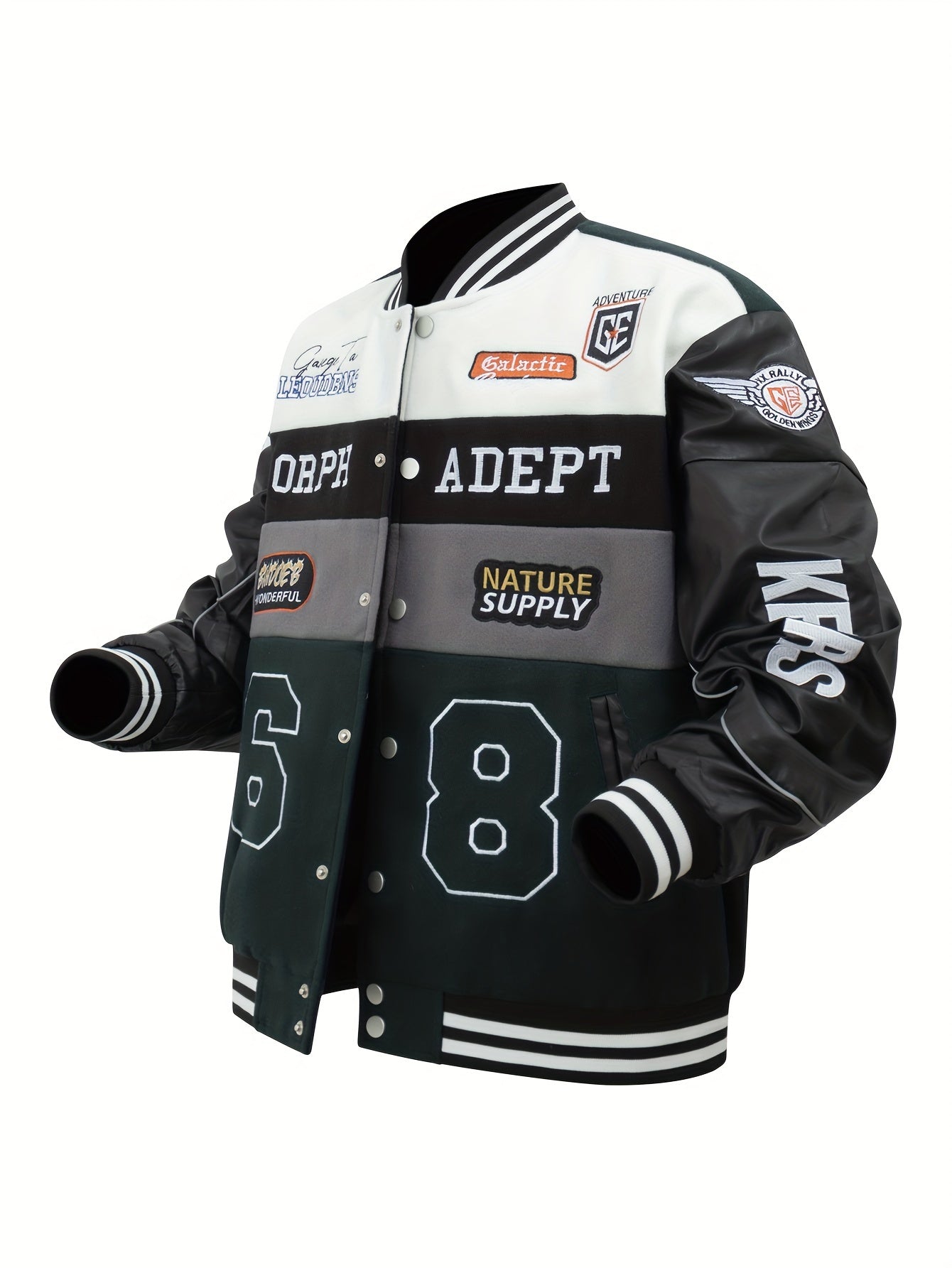 Men'S Daily Patchwork Polyester Varsity Jacket Stylish Retro Embroidered Long Sleeve Baseball Coats Casual Unisex Loose Outdoor Outerwear