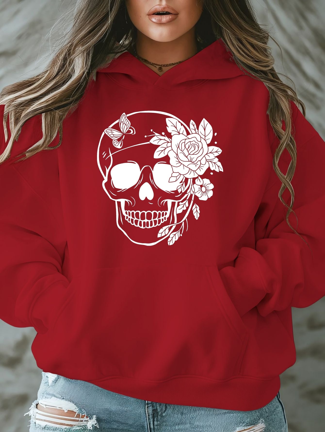 1pc Women'S Plus Size Casual Hoodie with Floral Skull Print, Polyester Knit Sweatshirt, Long Sleeve Pullover with Pockets, Letter Pattern, Round Neck Hooded Top, with Autumn/Winter Fashion