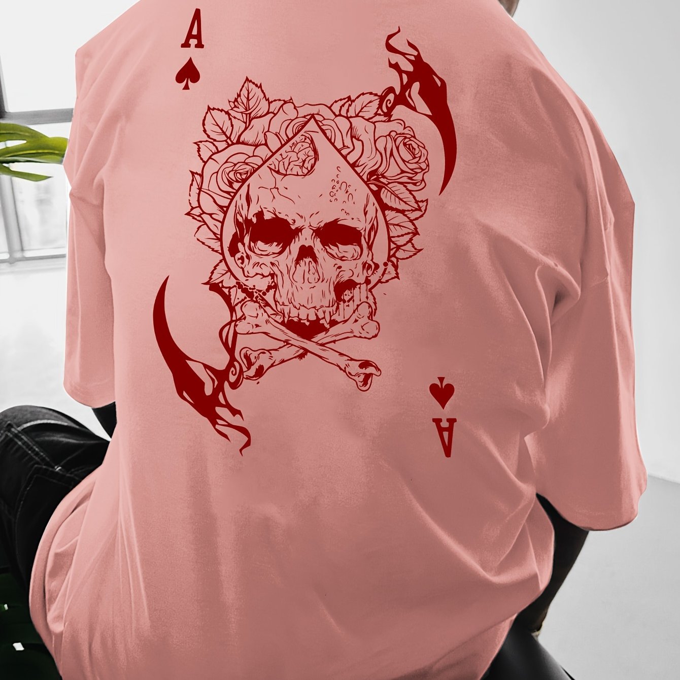 Men's Casual Hip-Hop Street Style Death Skull Ace of Spades Print T-Shirt - Loose Fit, Round Neck, Polyester Knit Fabric, Summer Collection