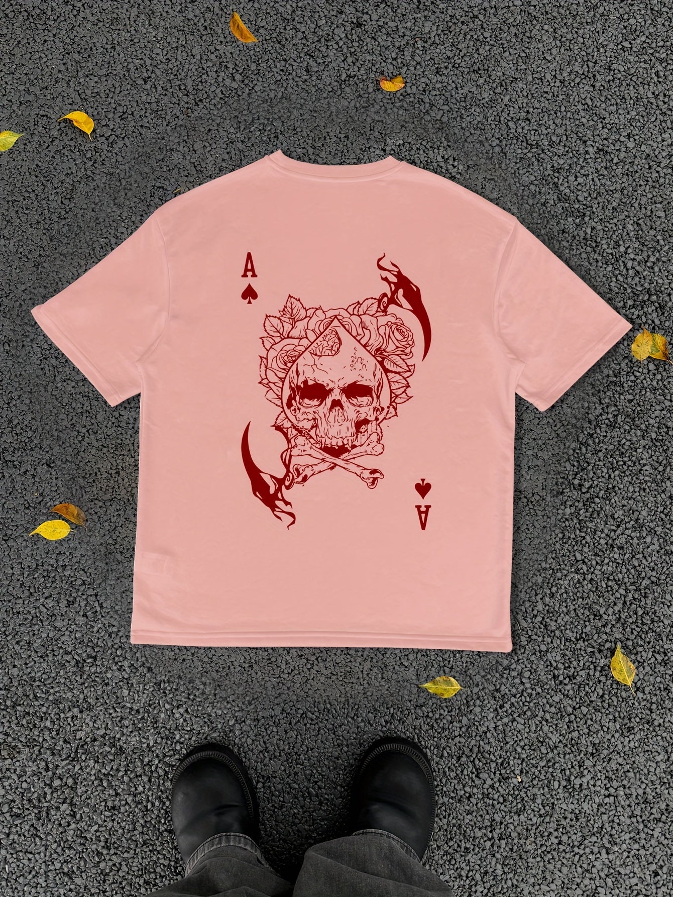 Men's Casual Hip-Hop Street Style Death Skull Ace of Spades Print T-Shirt - Loose Fit, Round Neck, Polyester Knit Fabric, Summer Collection