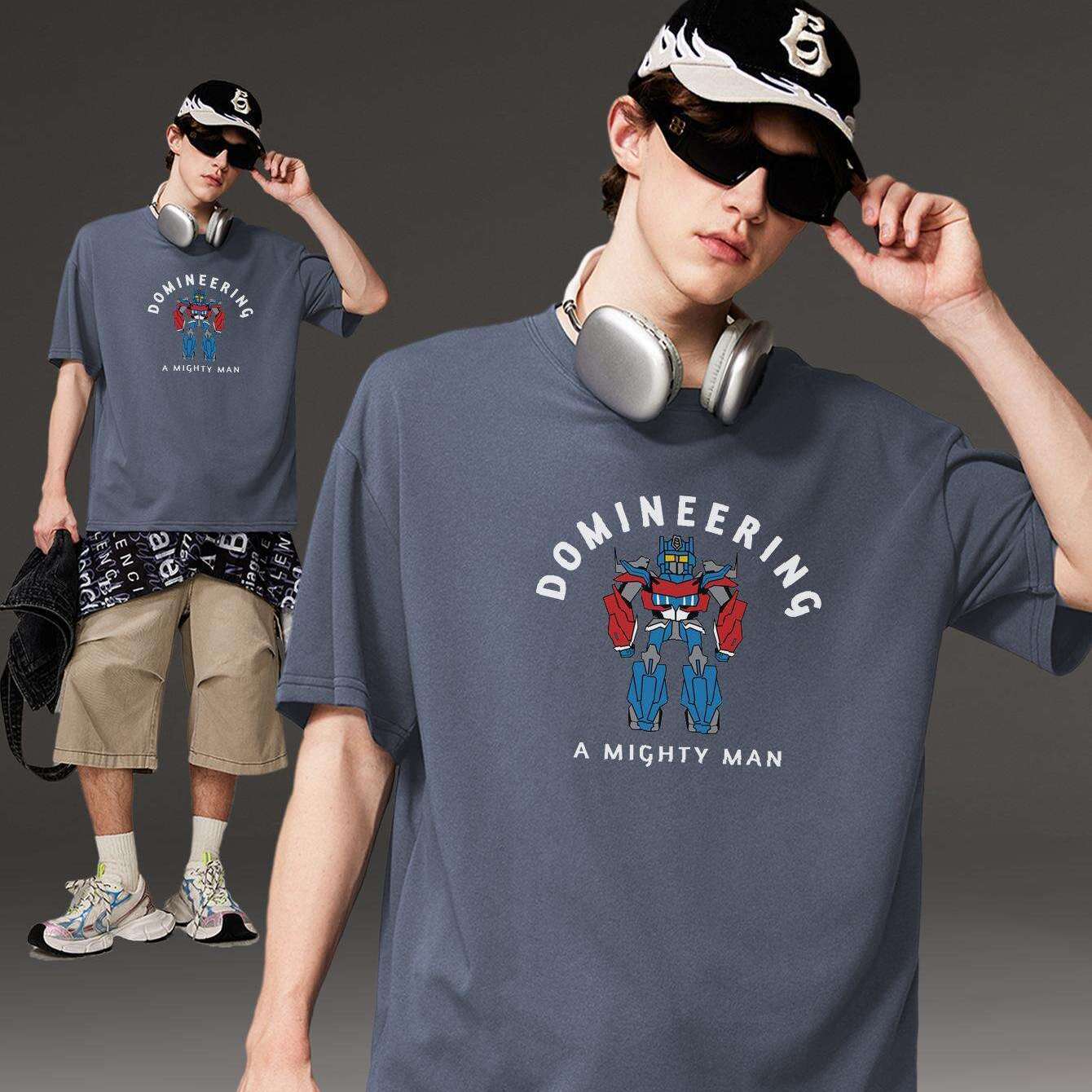 PRIVATHINKER "Domineering A Mighty for Man" Graphic Tee - 100% Cotton, Oversized Casual Hip Hop Style, Short Sleeve T-Shirt with Robot Print, Summer Streetwear for Men and Women