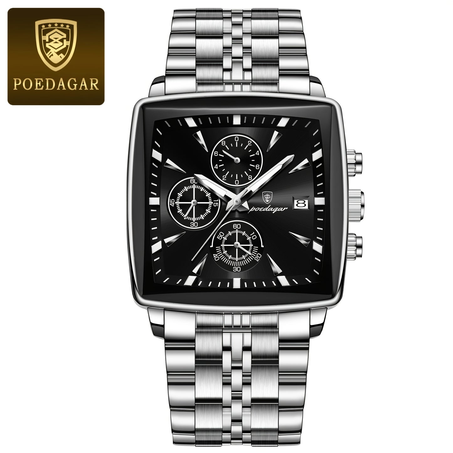 POEDAGAR Men'S Business Quartz Watch, Stainless Steel Square Dial, Luminous Hands, Date Calendar, Battery Powered, with Non-Rechargeable Button Battery, for Thanksgiving & Christmas Gifts, Water Resistant