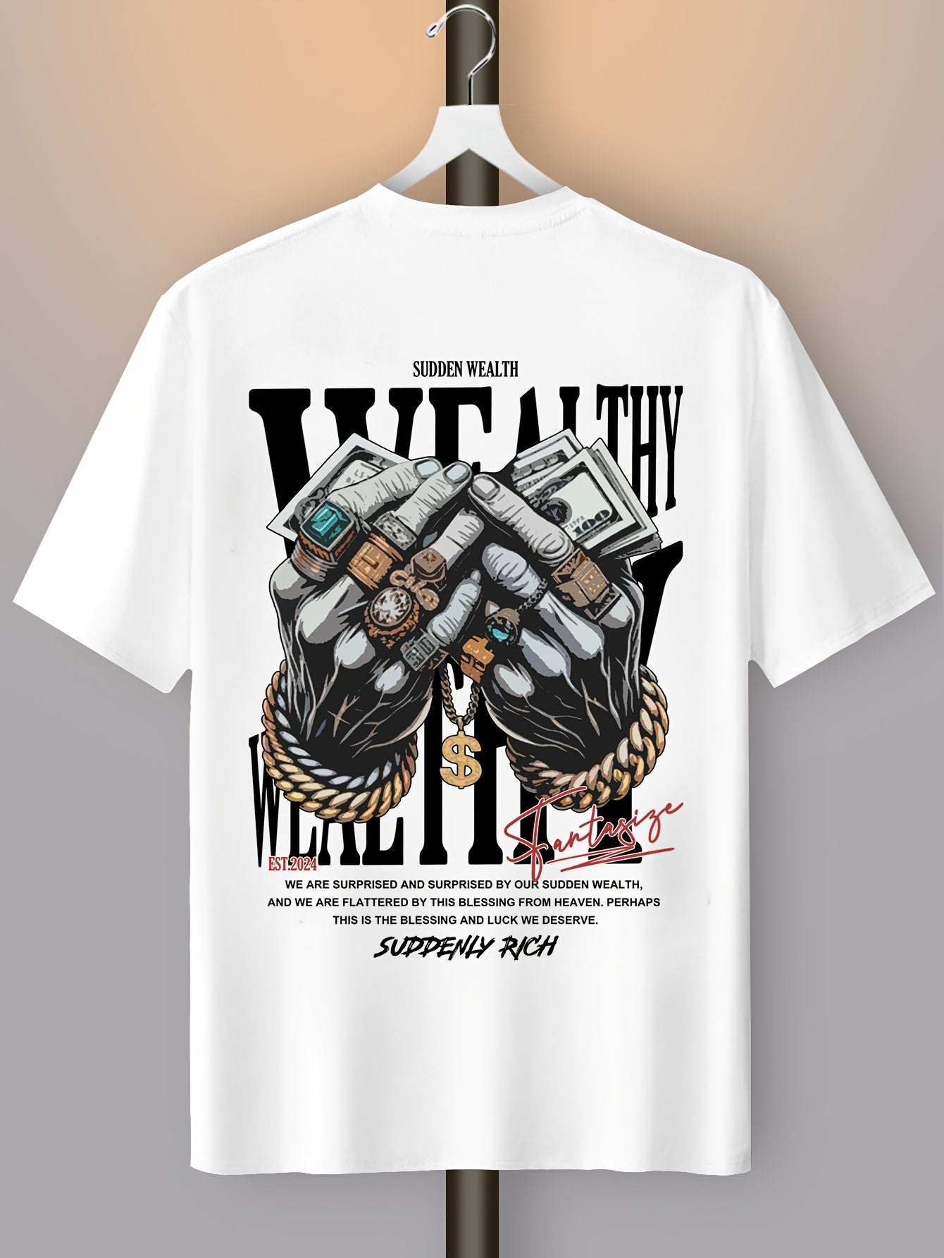 Men's Casual Graphic Tee with Unique Hand Jewelry Design - Soft Polyester Blend, Stretch Fit, Machine Washable - Perfect for Summer Outings
