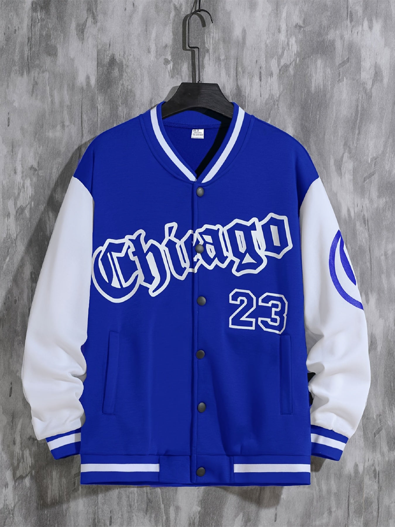 Men'S Casual Fashion Baseball Jacket, 100% Polyester Knit Fabric with Slight Stretch, Crew Neck, Button Closure, Alphabet Pattern, Regular Fit with Pockets, Polyester Lined