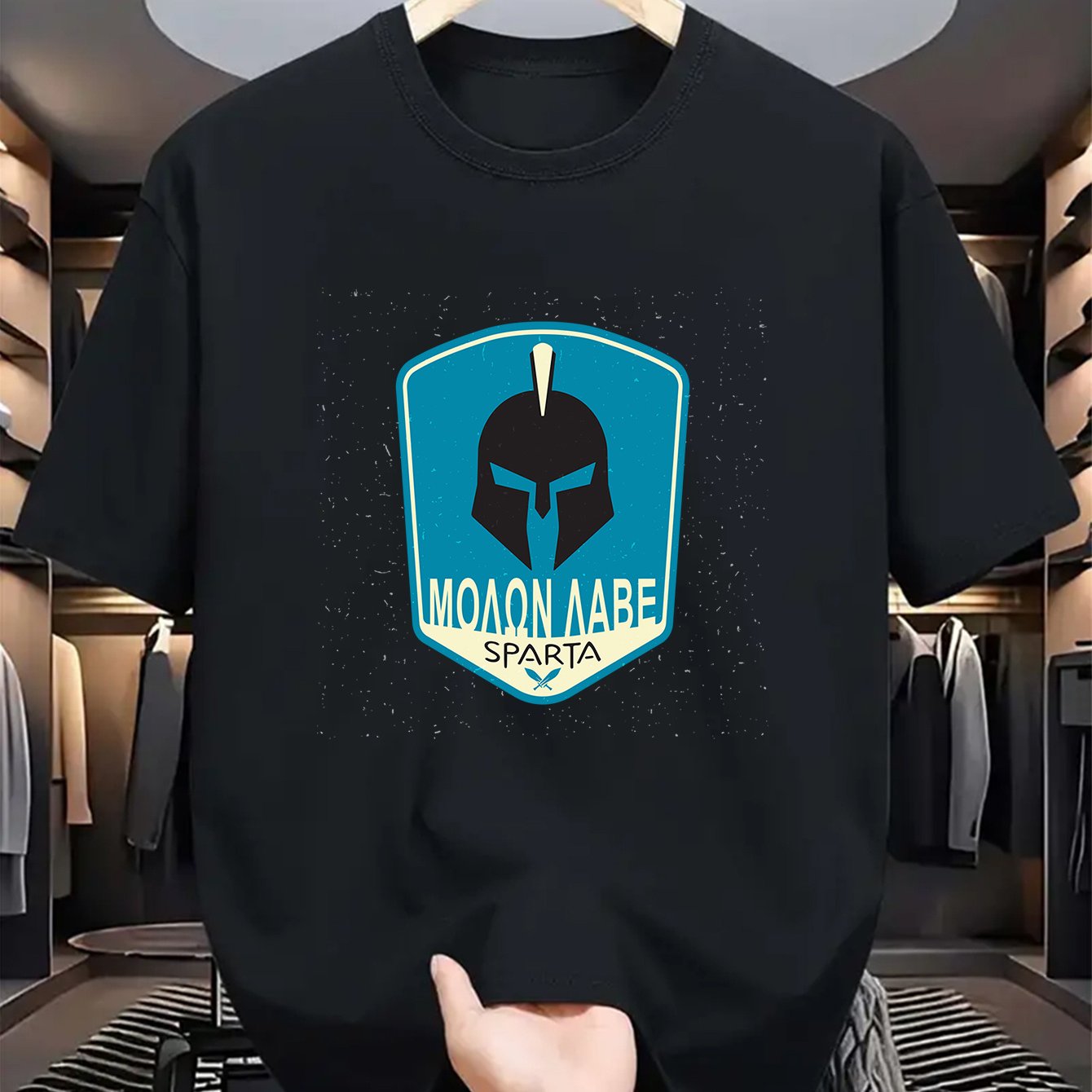 Men's SPARTA Graphic Tee - Beige Crew Neck Short Sleeve T-Shirt with Blue Spartan Helmet Design, 100% Polyester, Casual Summer Wear for Everyday & Special Occasions, Cool Oversized Tee Shirts