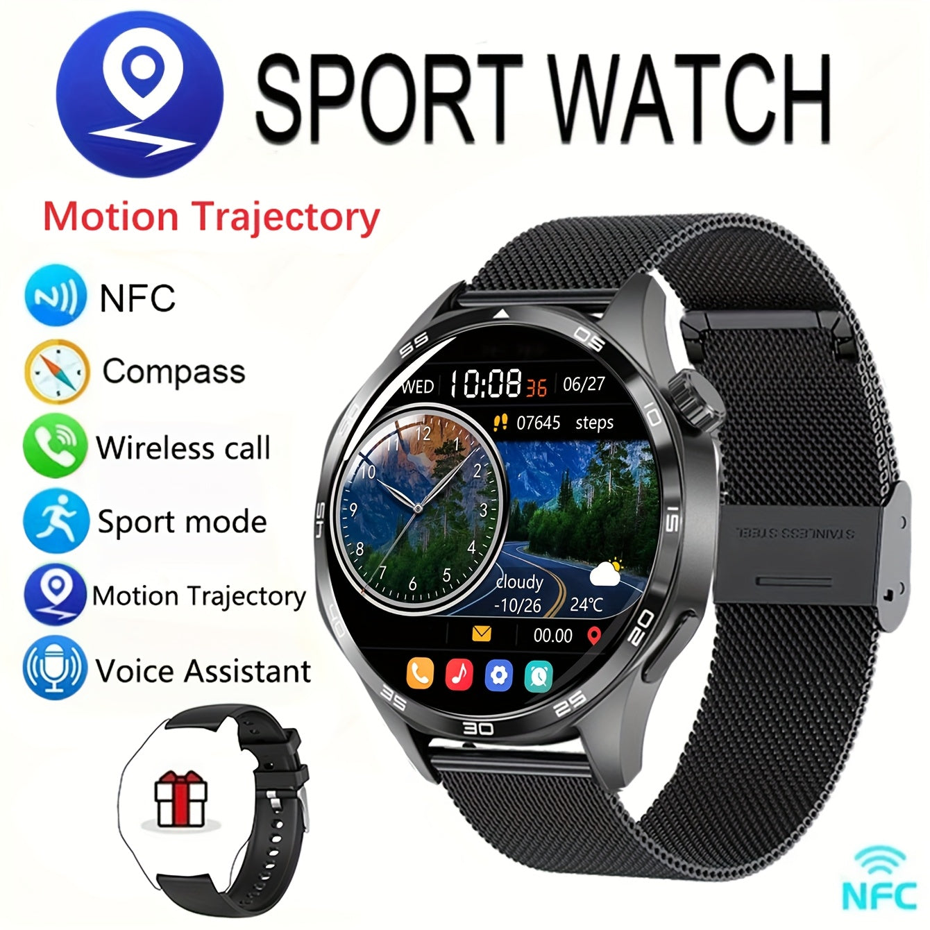 New Watch 5 Pro Smartwatch With 1.53-inch High-definition Screen, Voice Calling, Wireless Calling, NFC Access Control, Outdoor Sports Trajectory Smartwatch With Voice Assistant, Compass, Pedometer, Suitable For Android/iPhone