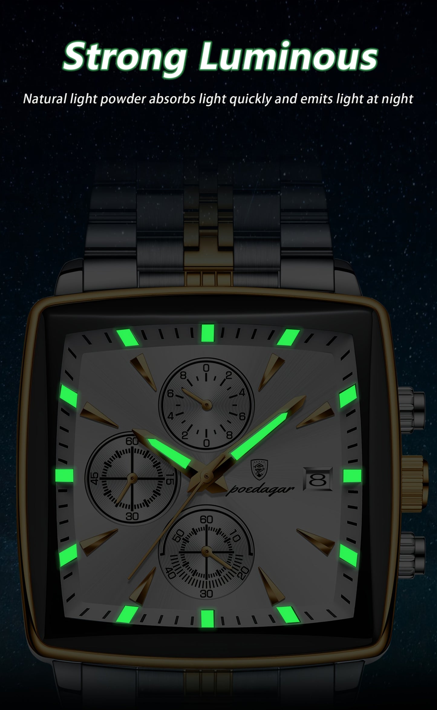 POEDAGAR Men'S Business Quartz Watch, Stainless Steel Square Dial, Luminous Hands, Date Calendar, Battery Powered, with Non-Rechargeable Button Battery, for Thanksgiving & Christmas Gifts, Water Resistant