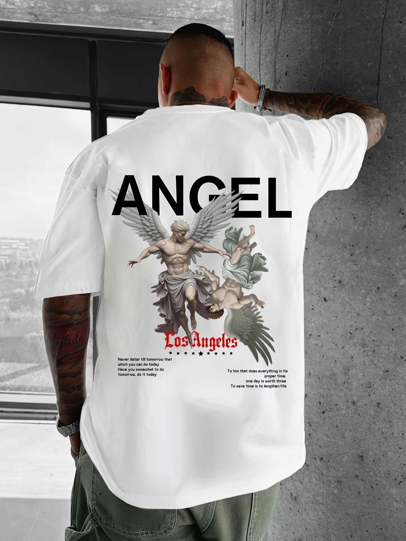 Men's Casual Streetwear T-Shirt with Geometric Angel Design - Loose Fit, Polyester, Machine Washable - Summer Collection