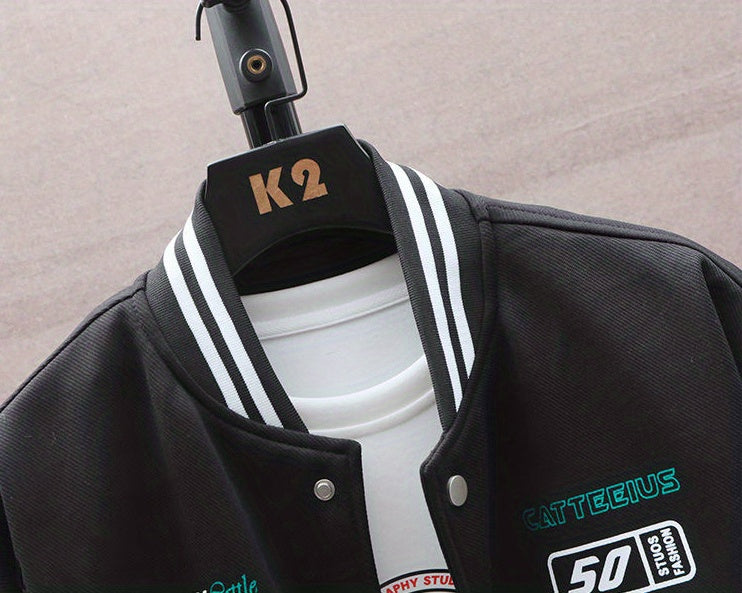 Letters Print Preppy Varsity Jacket, Men's Casual Long Sleeve Striped Button Down Baseball Jacket With Pockets For Winter Fall