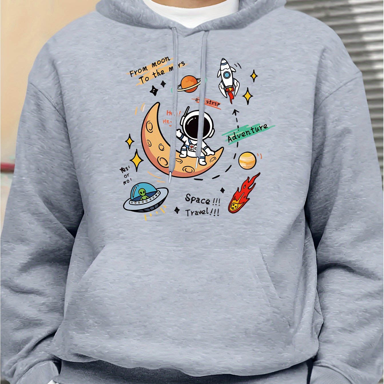 Men's Space Explorer Hoodie - Casual & Comfy Polyester Drawstring Sweatshirt with Astronaut & Planets Design, Perfect for Fall/Winter, Astronaut Decor