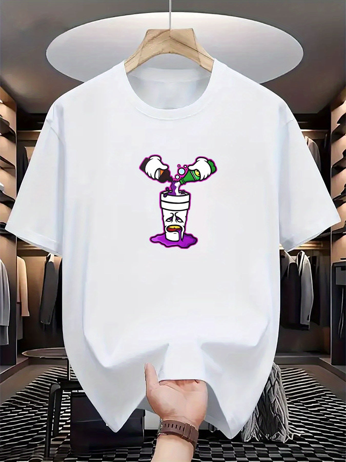 Men's Casual Summer Tee - Purple Drink Print, Short Sleeve, Crew Neck, Stretch Fabric, Machine Washable, Regular Fit T-Shirt for Casual Attire