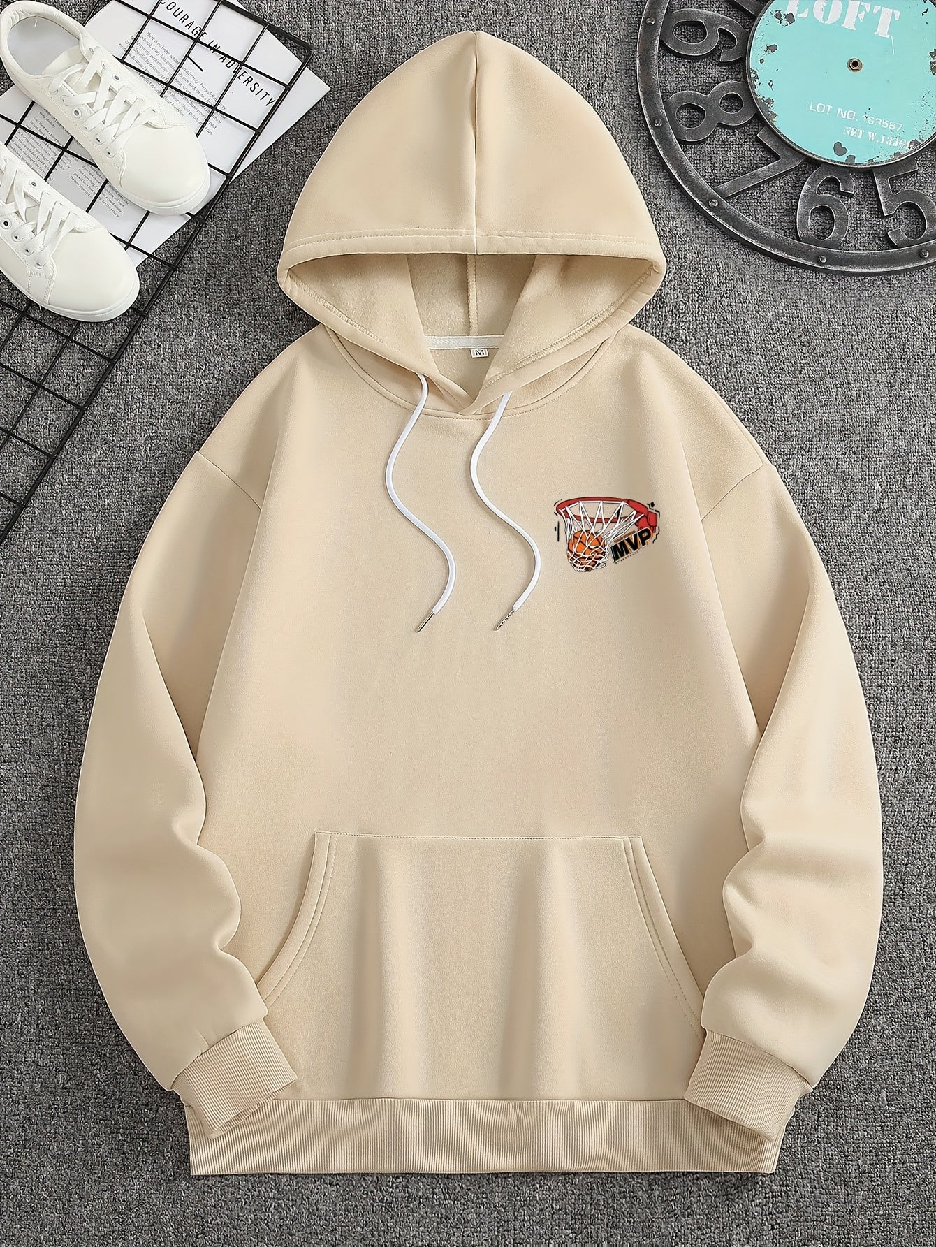 Men's Basketball Print Fleece-Lined Hoodie - Casual & Trendy, Loose Fit with Pockets for Fall/Winter