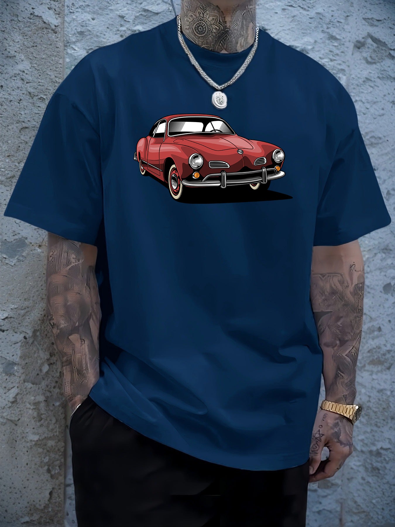 Men's Navy Blue Graphic Tee with Vintage Car Illustration - Casual & Sporty Polyester Round Neck T-Shirt, Machine Washable - Perfect for Summer Outings, Cool Oversized Tee Shirts