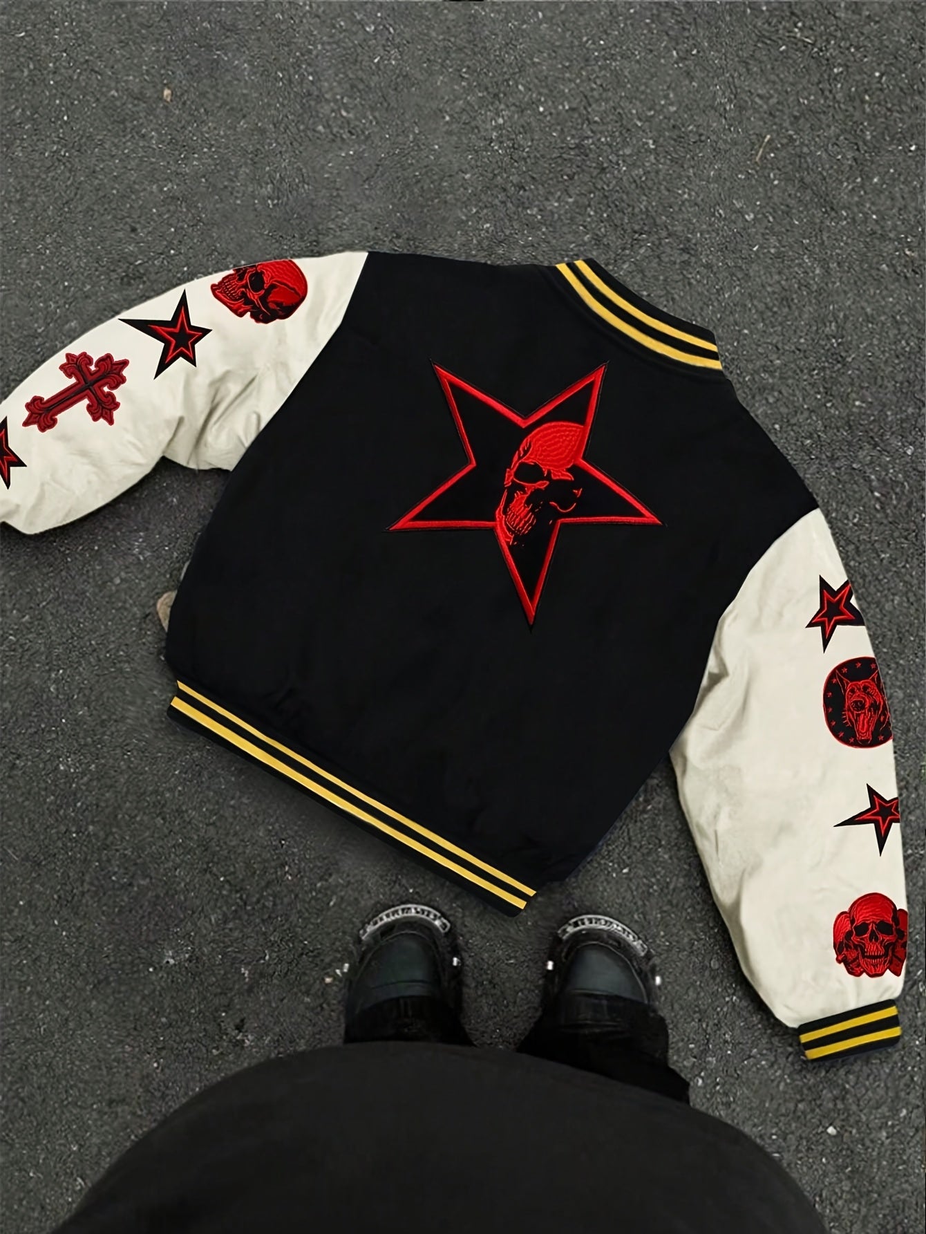 Men's Casual Baseball Jacket with Skull & Flame Design - Lightweight, Polyester, Button-Up Outerwear for Spring/Fall, School & Sports Style, Loose, Outdoor Sports, College Style, Movement Style, Leisure Style, Leisure Outing