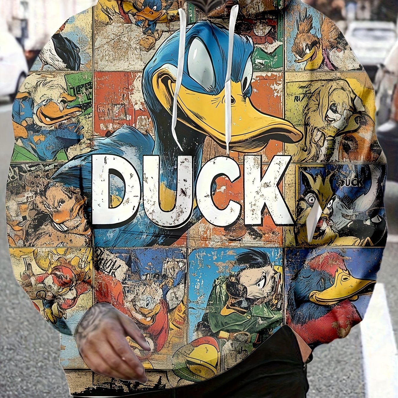 Vintage Cartoon Duck Graphic Print Hoodie - 100% Polyester Knit Fabric, Long Sleeve Hooded Sweatshirt with Slight Stretch, Regular Fit, Unisex Style