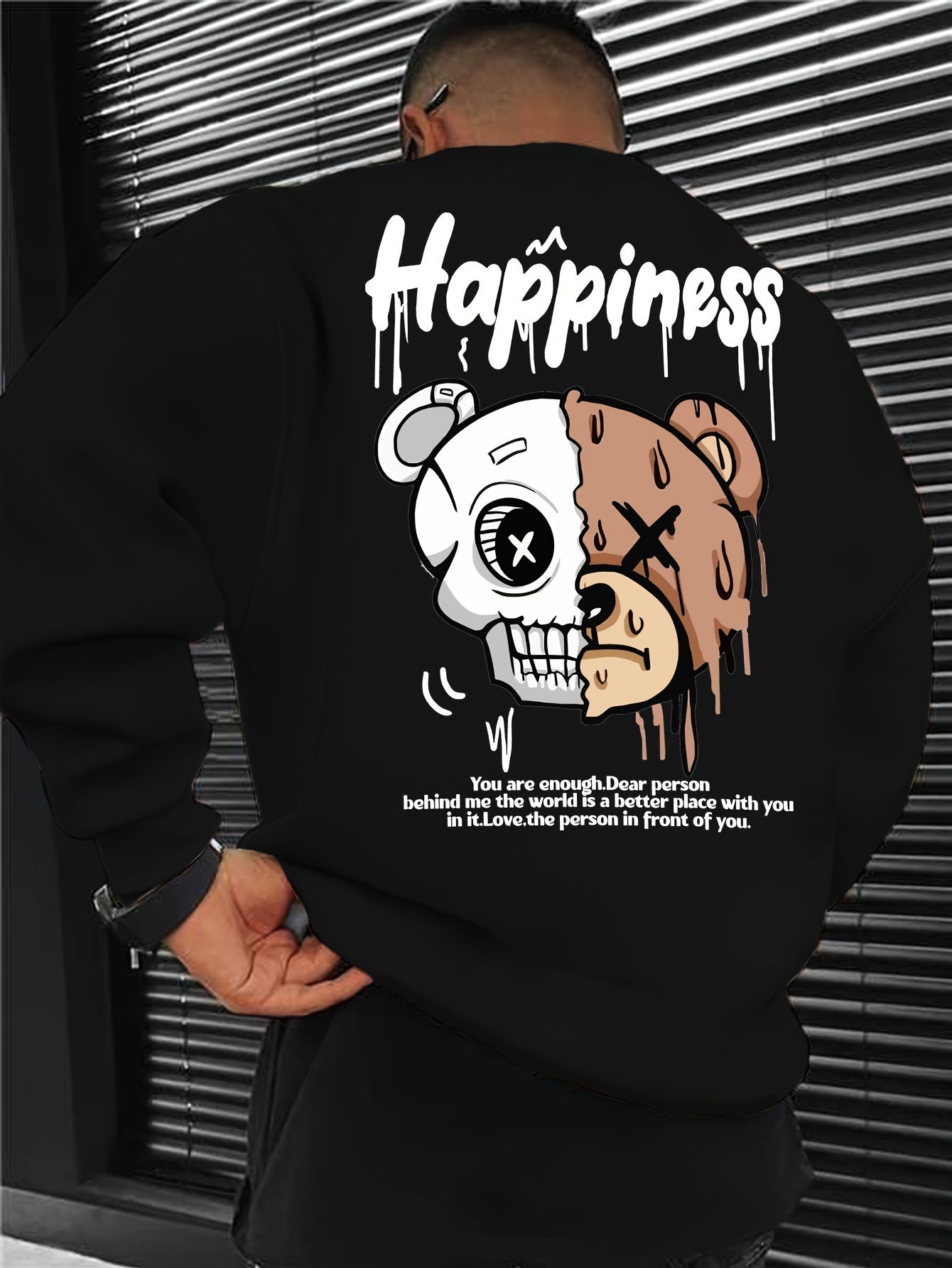 Melted Skull Bear Printed Men's Crew Neck And Long Sleeve Sweatshirt, Casual Style, Breathable, Comfortable, Stylish Street Fashion Pullover Sweatshirt
