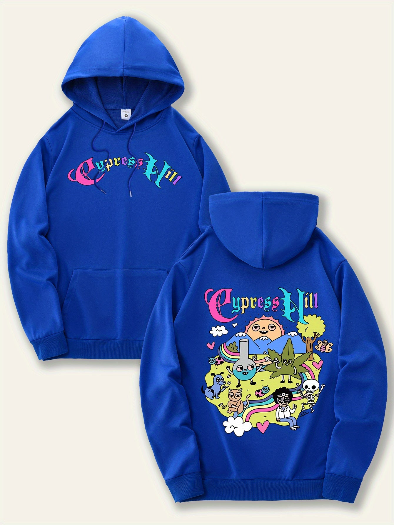 Men'S Fashion Hoodie with Cypress Hill Geometric Cartoon Print - All Season Casual Knit Polyester Sweatshirt with Hood, Drawstring, Kangaroo Pocket, Regular Fit - Unisex Stylish Pullover