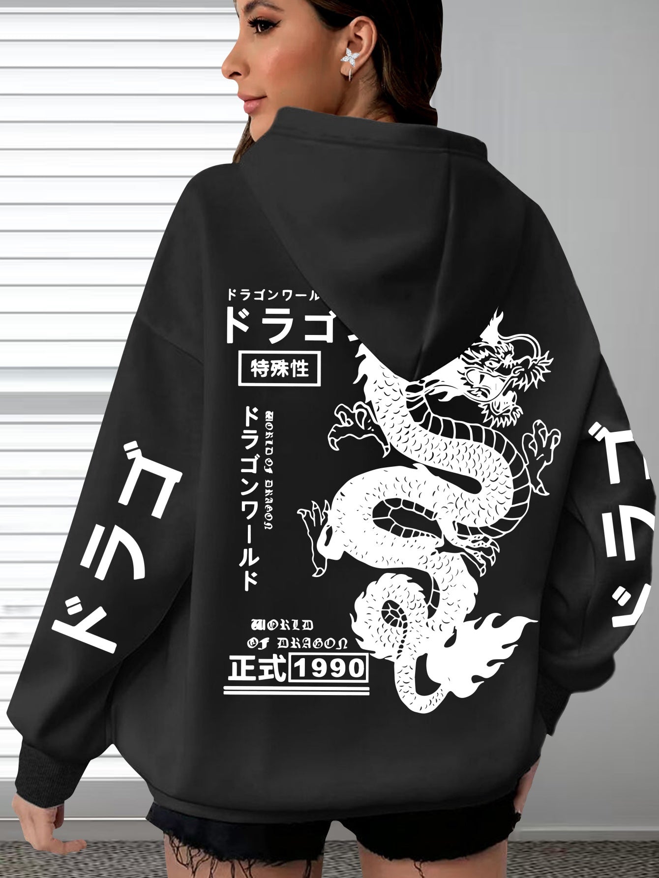 Women's Plus Size Casual Hoodie with Dragon & Letter Print - Cozy Knit, Long Sleeve, Drawstring Pullover