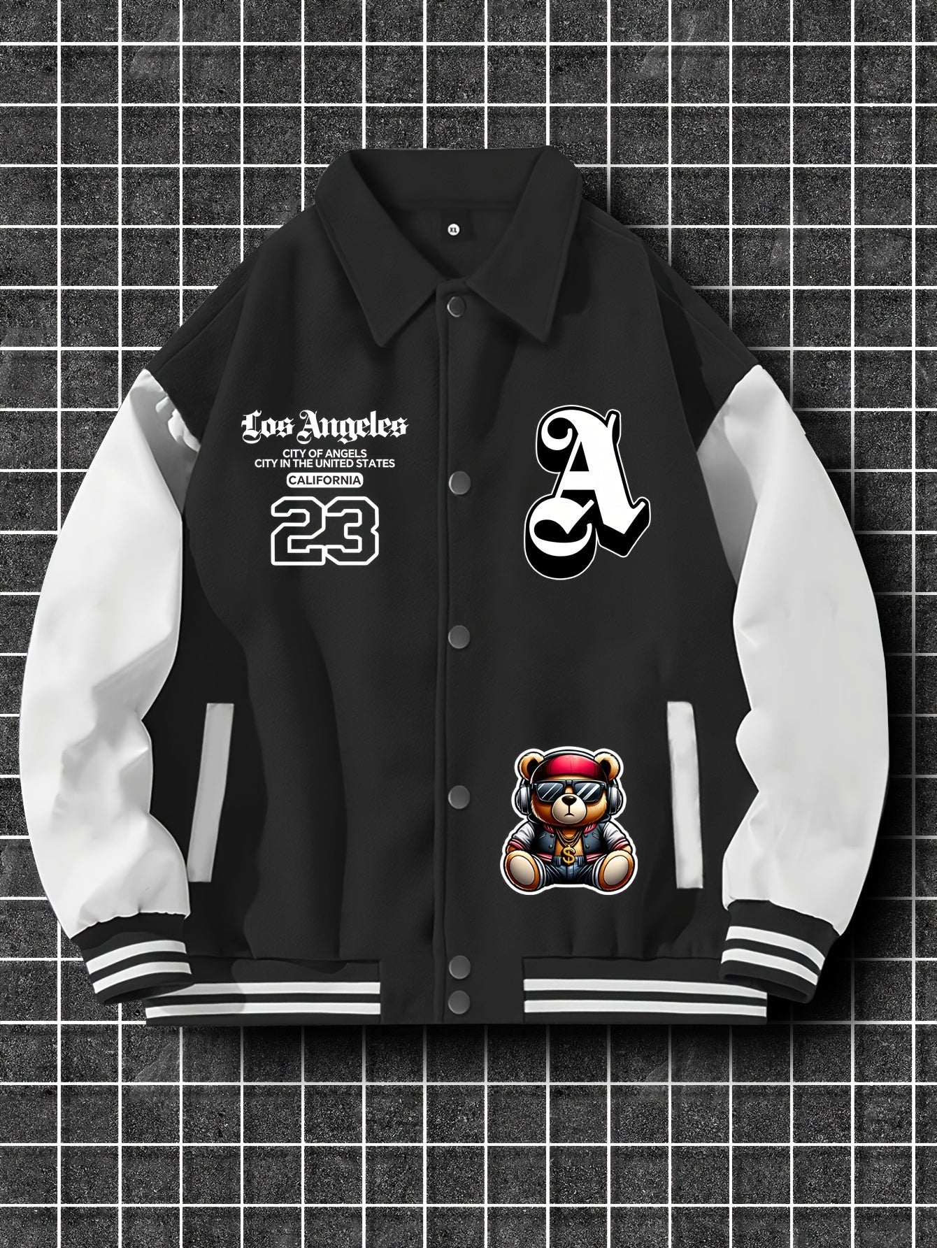 Men'S Casual Polyester Lightweight Jacket, American Streetwear Baseball Style with Random Print, Collar, Pockets, Regular Fit, Knit Fabric