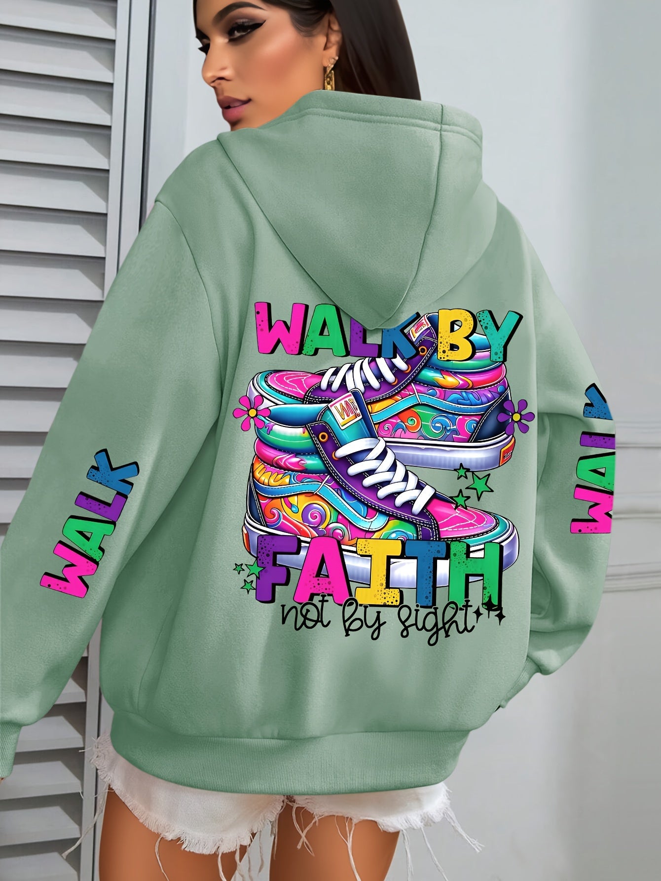 Plus Size Women's Hoodie with Colorful Walk Shoes Print - Casual Long Sleeve Pullover with Pocket, Cozy Polyester Hooded Sweatshirt for Fall & Winter, Fall Fashion Hoodie|Vibrant Shoe Design|Machine Washable Top