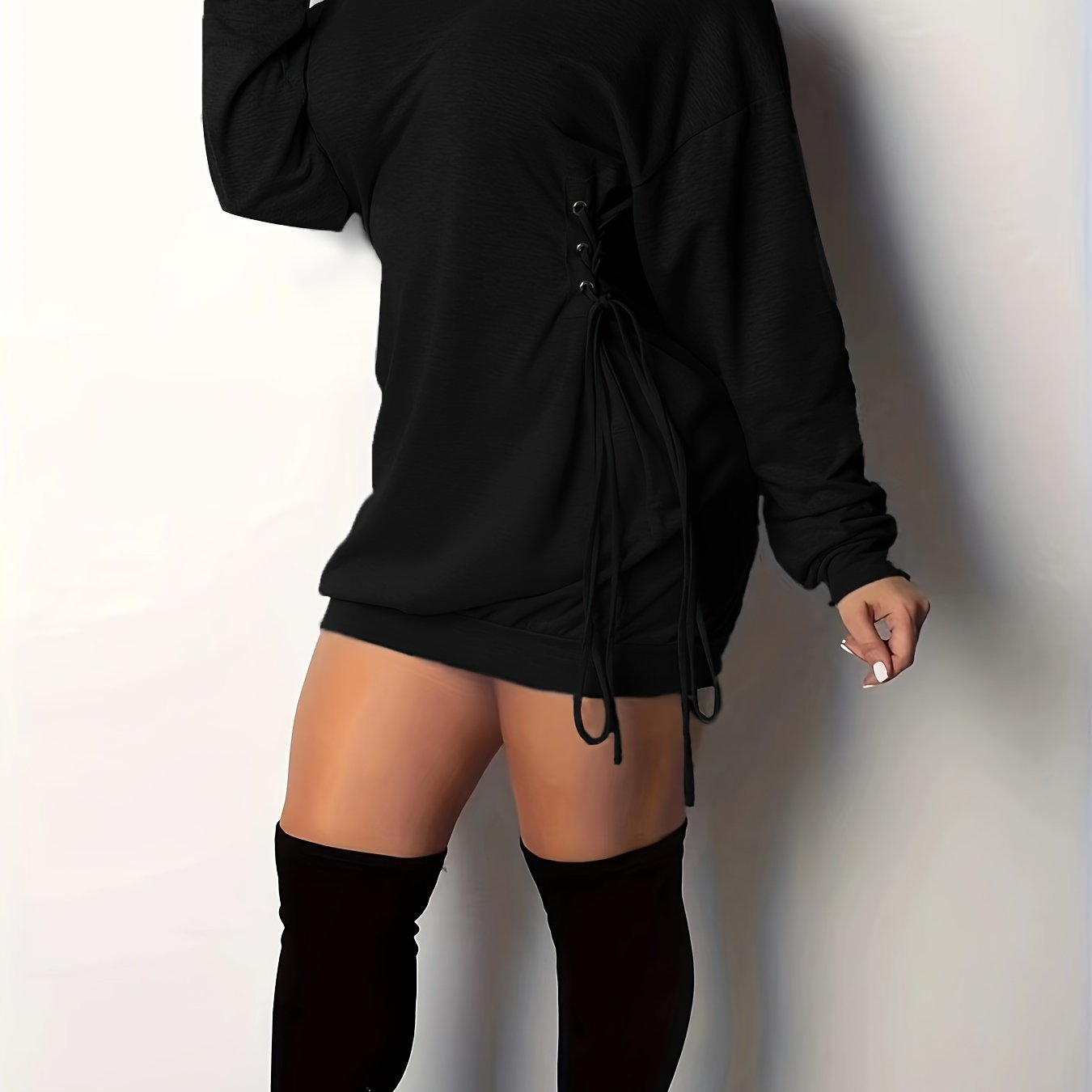Women'S Sexy Off-Shoulder Drawstring Mini Dress, 97% Polyester Stretch Knit Fabric, All-Season Solid Color, 230gsm, Casual Chic Top with Side Tie Detail