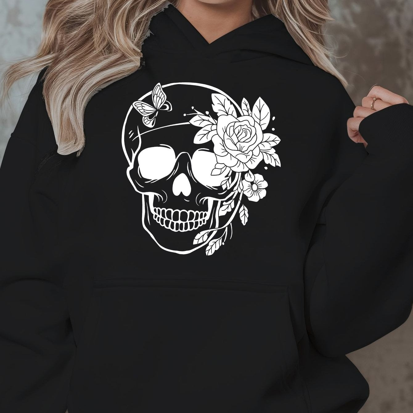 1pc Women'S Plus Size Casual Hoodie with Floral Skull Print, Polyester Knit Sweatshirt, Long Sleeve Pullover with Pockets, Letter Pattern, Round Neck Hooded Top, with Autumn/Winter Fashion