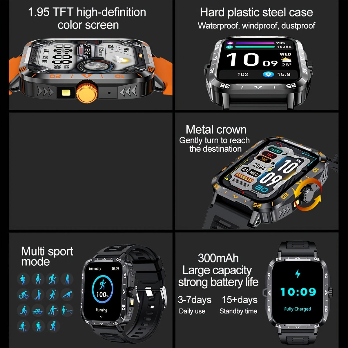 Smart Watch with LED Flashlight, 4.95cm Display, Compatible with Android & Iphone, 100+ Sports Modes, Customizable Watch Faces, Calorie & Step Counter, Water-Resistant, USB Charging, Wireless 5.1, TFT Screen, PC Case, Silicon