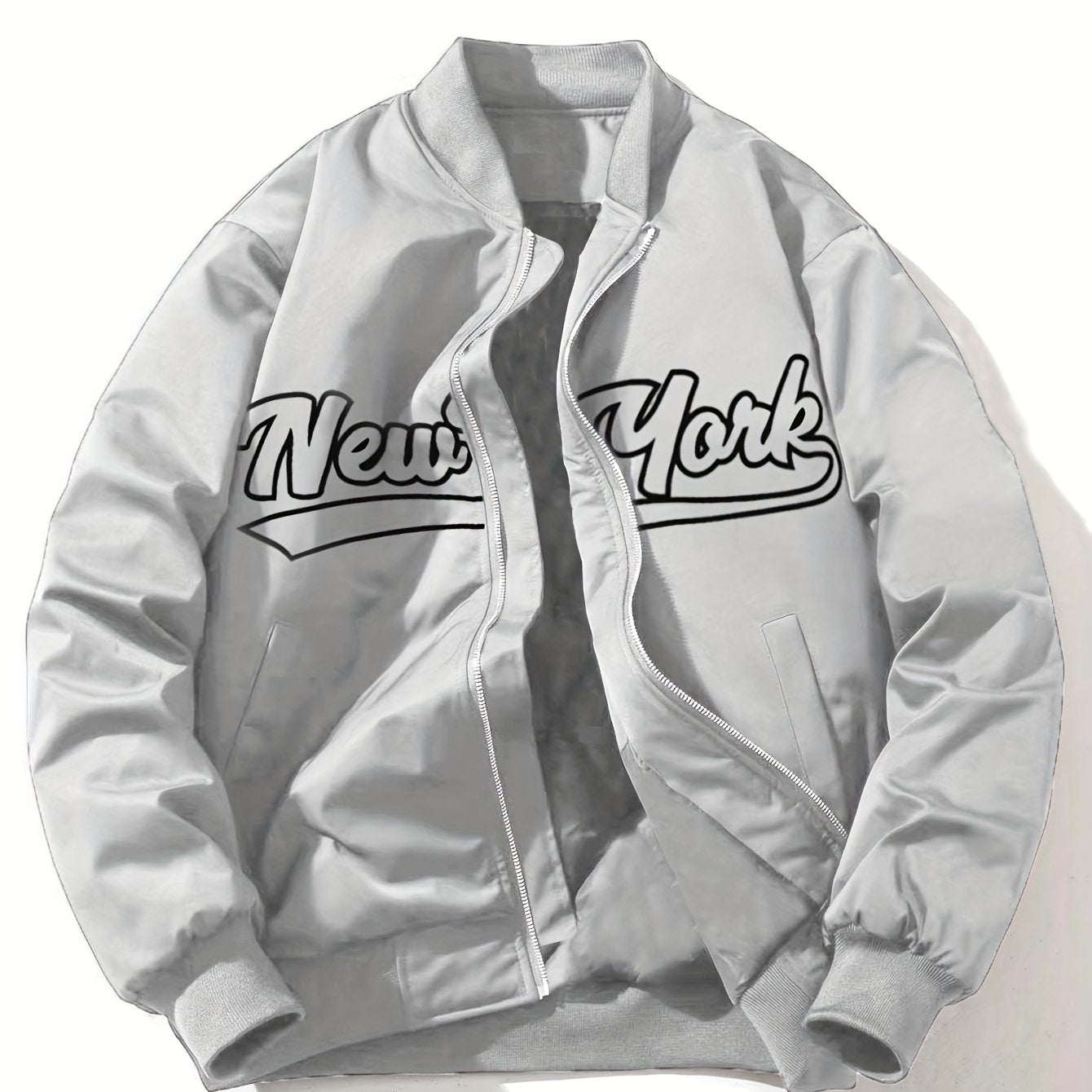1pc Men'S Casual Bomber Jacket, Polyester 100% Lightweight Windbreaker, Letter Print, Baseball Collar, Long Sleeve, Regular Fit with Pockets, Zippered Front - Daily and Leisure Wear