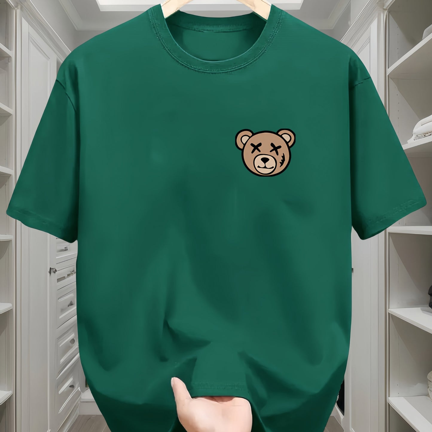 Men's Classic Black Cotton T-Shirt with Cute Bear Design - Casual, Comfortable Short Sleeve Crew Neck Tee, Machine Washable for All Seasons