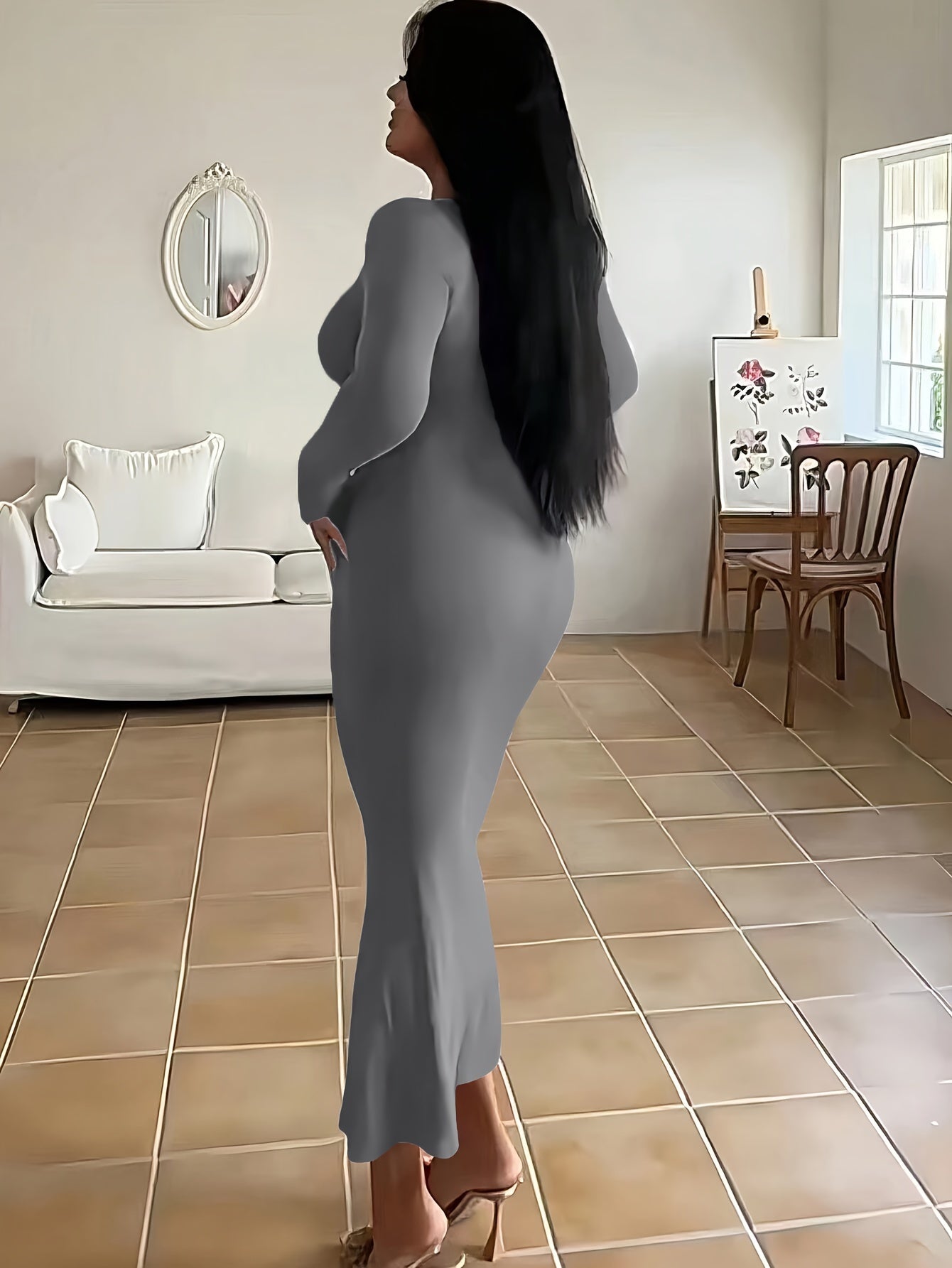 Form-Fitting, Ultra-Long Women'S Autumn Dress with Long Sleeves, Square Neckline, A-Line Silhouette, And a Sexy, Tailored Fit.