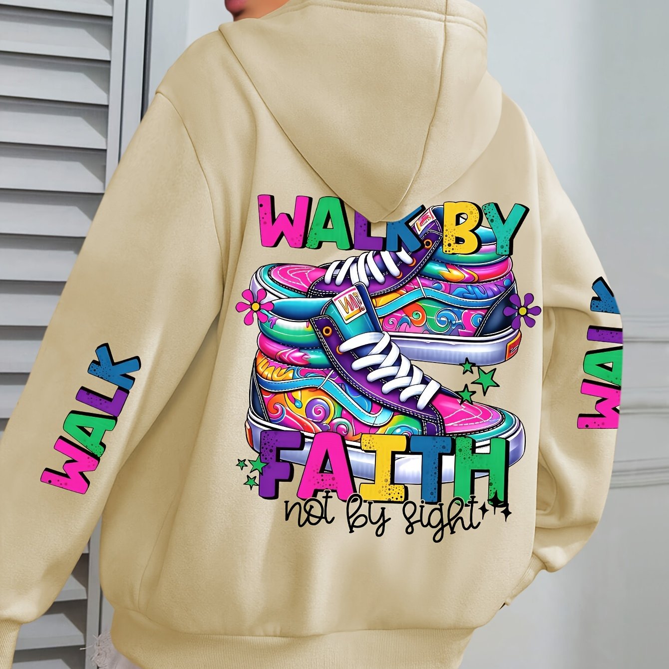 Plus Size Women's Hoodie with Colorful Walk Shoes Print - Casual Long Sleeve Pullover with Pocket, Cozy Polyester Hooded Sweatshirt for Fall & Winter, Fall Fashion Hoodie|Vibrant Shoe Design|Machine Washable Top