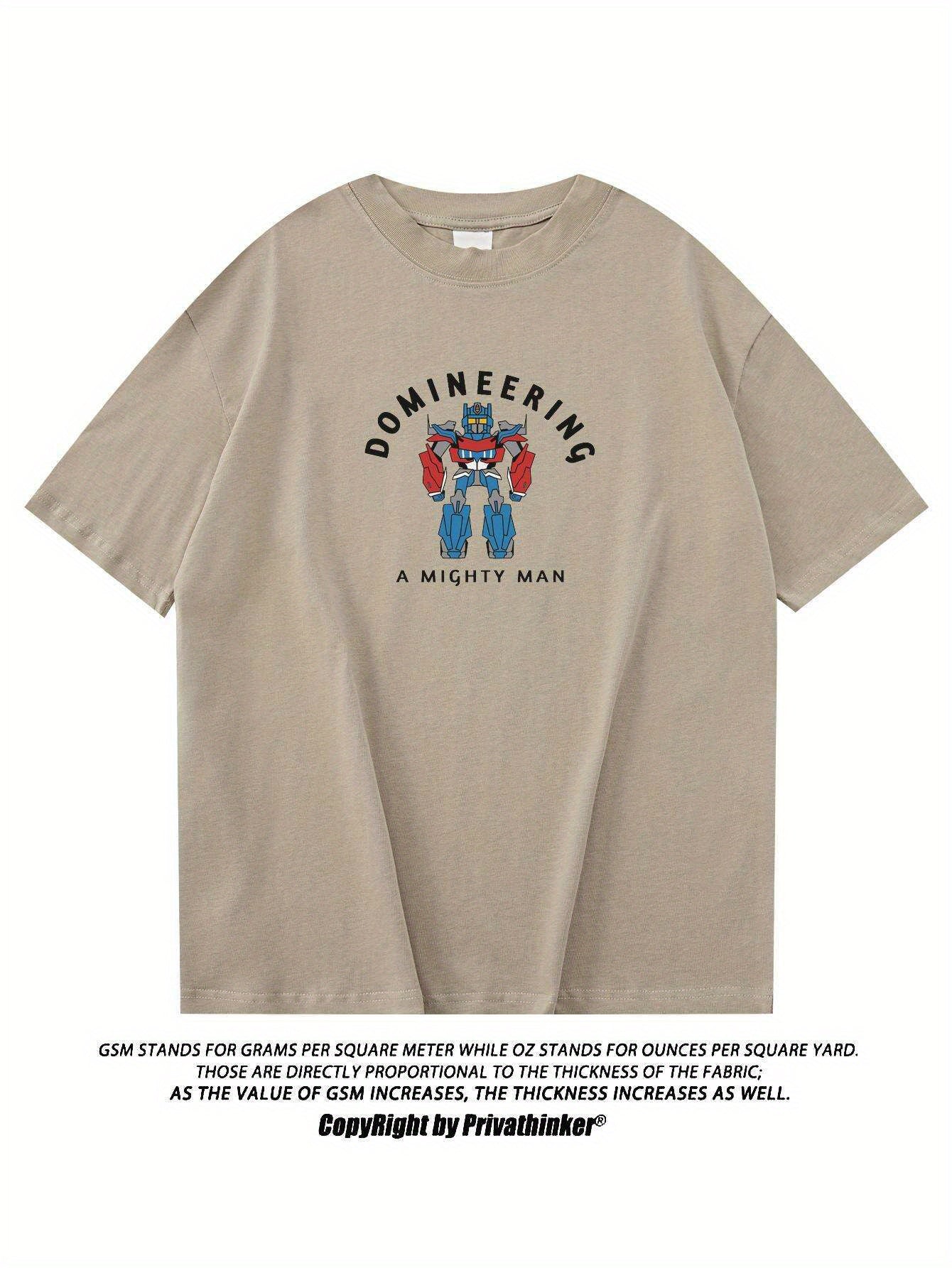 PRIVATHINKER "Domineering A Mighty for Man" Graphic Tee - 100% Cotton, Oversized Casual Hip Hop Style, Short Sleeve T-Shirt with Robot Print, Summer Streetwear for Men and Women