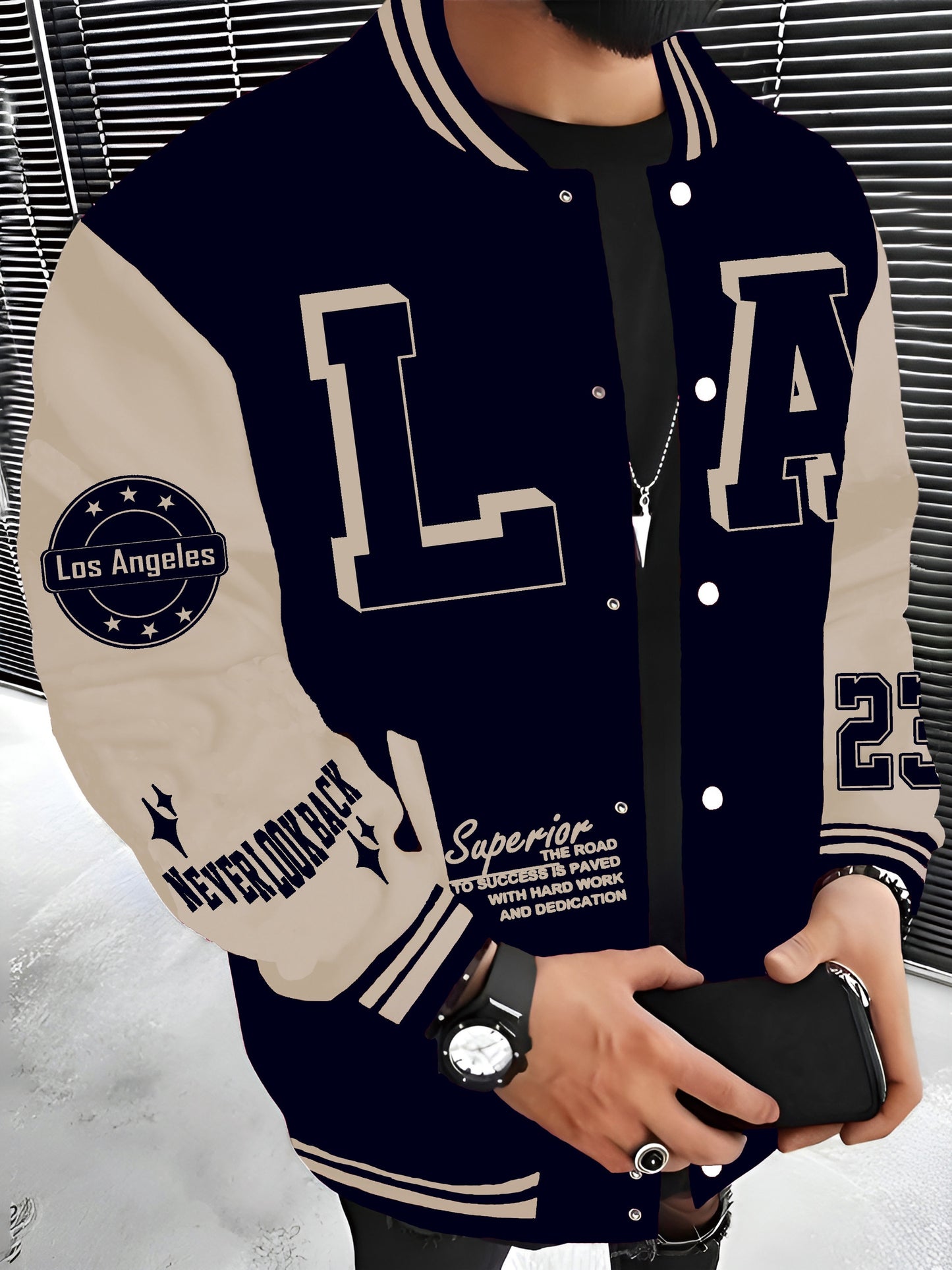 Los Angeles LA Fashion Baseball Jacket for Men - Lightweight, Warm Varsity Coat with Pockets, Machine Washable, Polyester