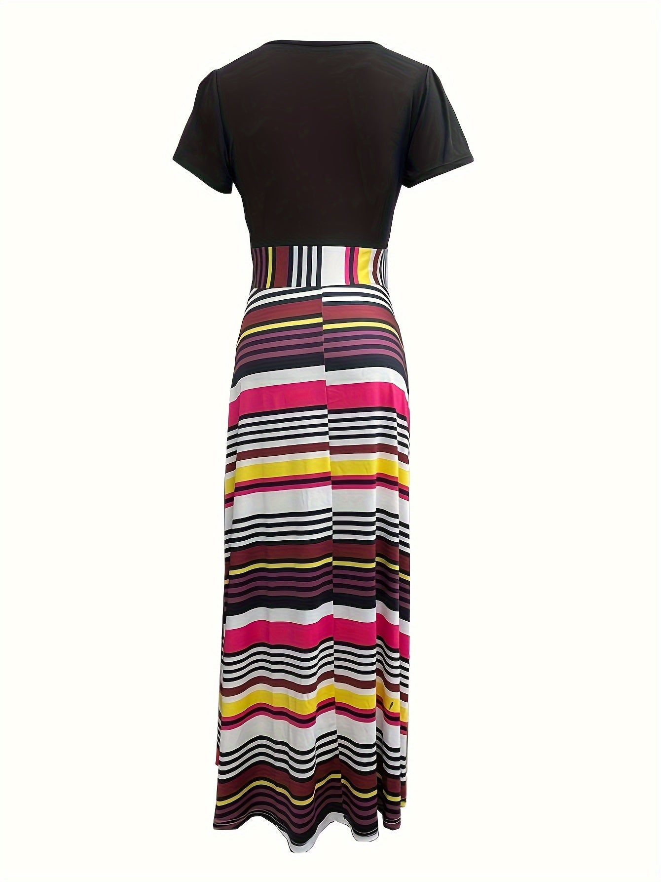 Floral Print Splicing Maxi Dress, Casual Crew Neck Short Sleeve Dress For Spring & Summer, Women's Clothing
