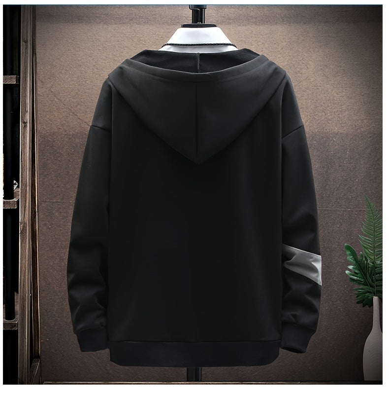 Men's Casual Hoodie with Geometric Print - Cozy & Warm Zip-Up Jacket for Fall/Winter, Polyester Blend, Young Fashion, Sports