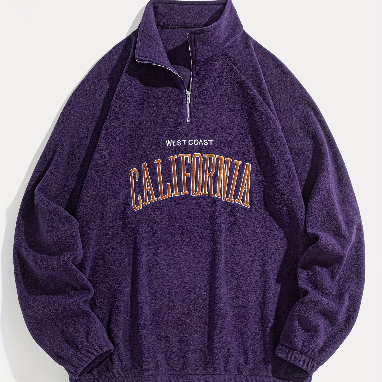 Men's Embroidered Fleece Pullover Sweatshirt with Quarter-Zip Stand Collar - Casual Long Sleeve, Polyester Blend