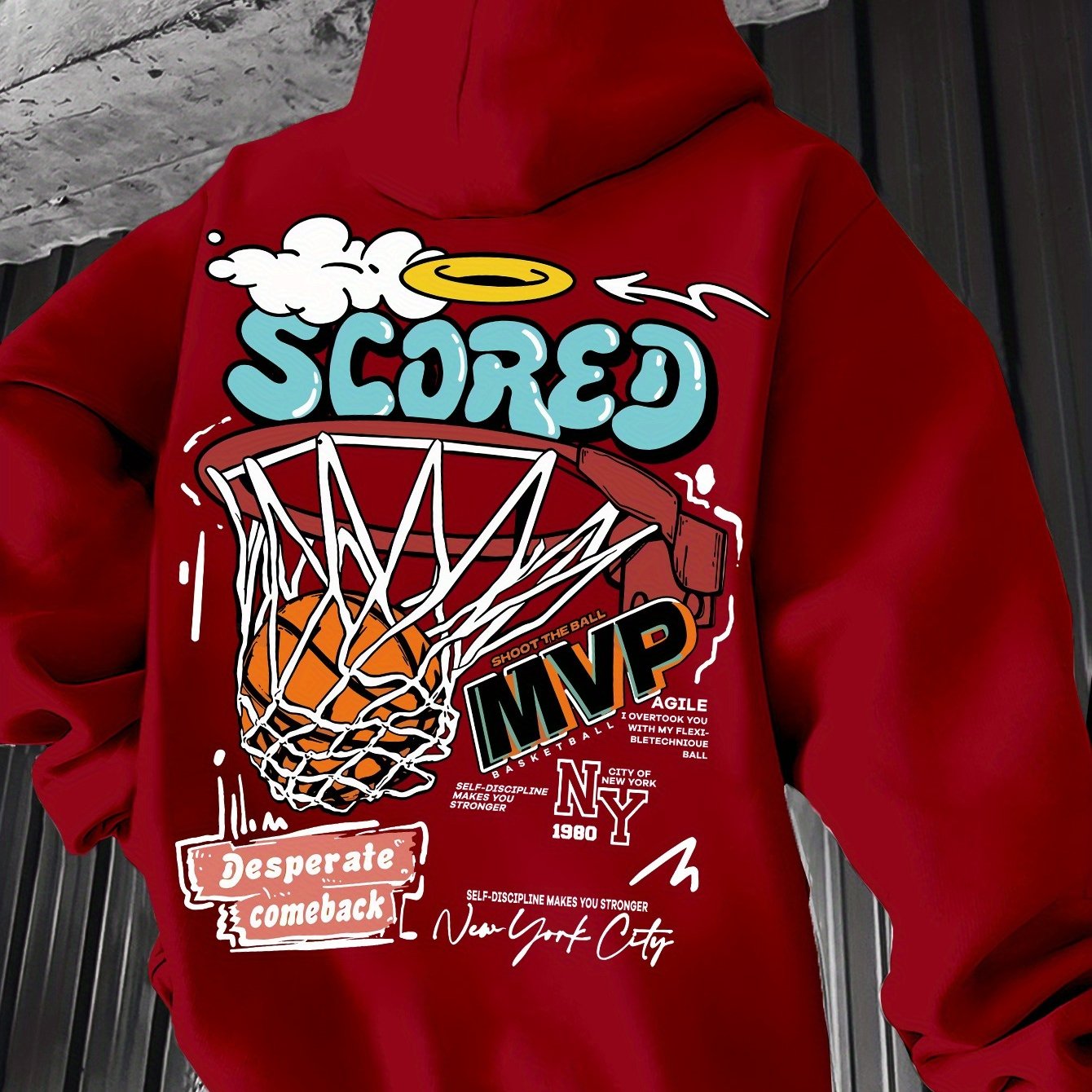 Spring/Fall Casual MVP Basketball Graphic Hoodie for Men - Knitted Fabric Regular Fit with Slight Stretch - Polyester & Elastane Blend, Geometric-Pattern, Hooded Pullover - Fashion Sportswear