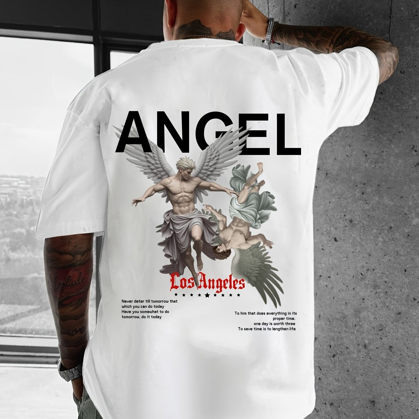 Men's Casual Streetwear T-Shirt with Geometric Angel Design - Loose Fit, Polyester, Machine Washable - Summer Collection
