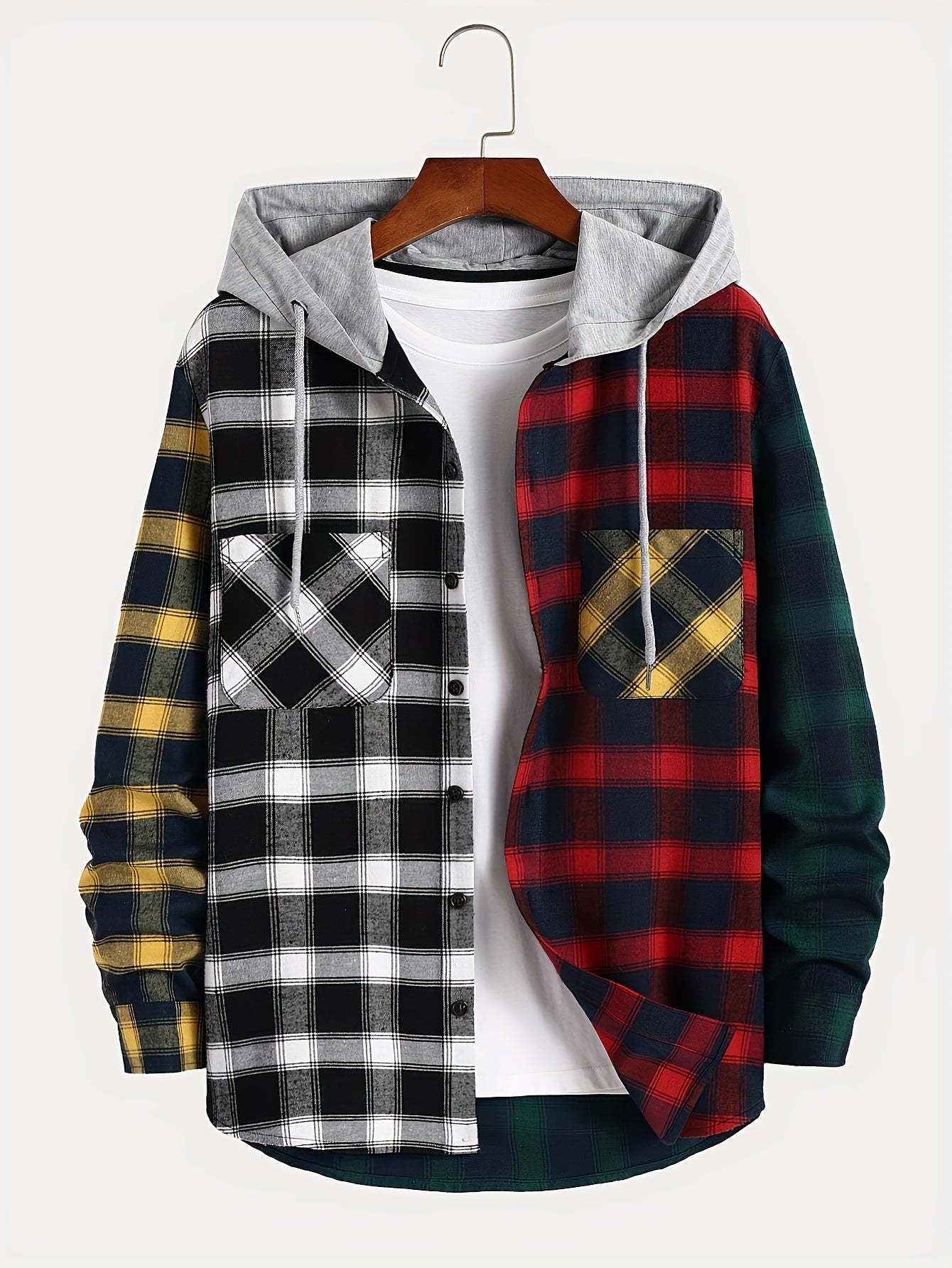 Casual Plaid Hoodie for Men - 100% Polyester Hooded Sweatshirt with Drawstring and Pocket Detail, Non-Stretch Woven Fabric, Perfect for Spring/Fall
