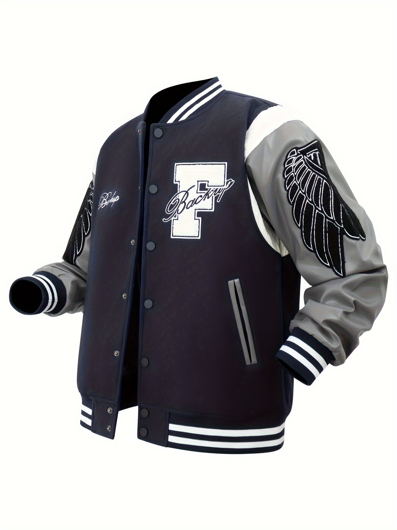 Men's Letter Double-wing Embroidery Varisty Jackets Vintage Long Sleeve PU Leather Patchwork Baseball Coats for Autumn&Winter