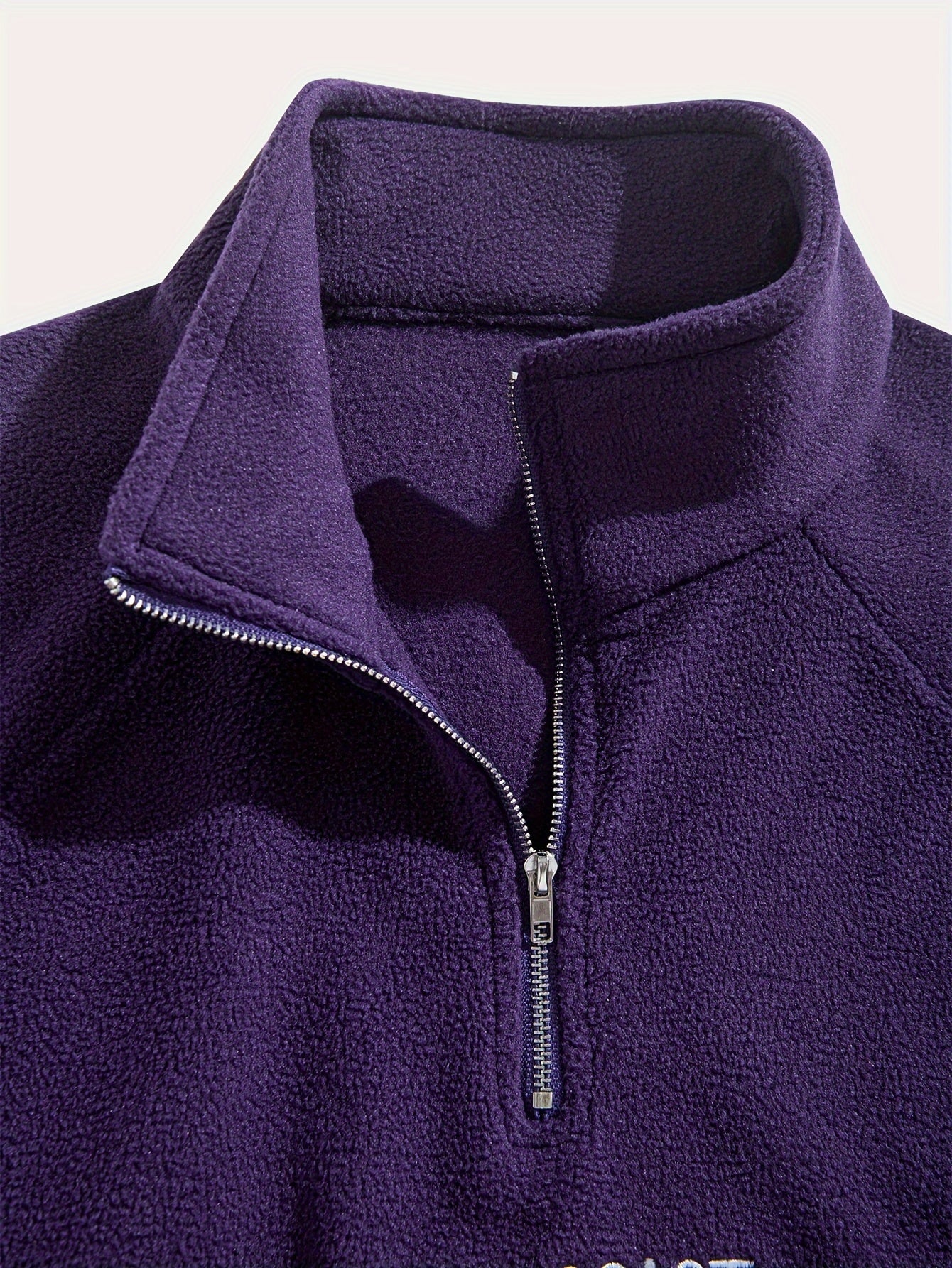 Men's Embroidered Fleece Pullover Sweatshirt with Quarter-Zip Stand Collar - Casual Long Sleeve, Polyester Blend