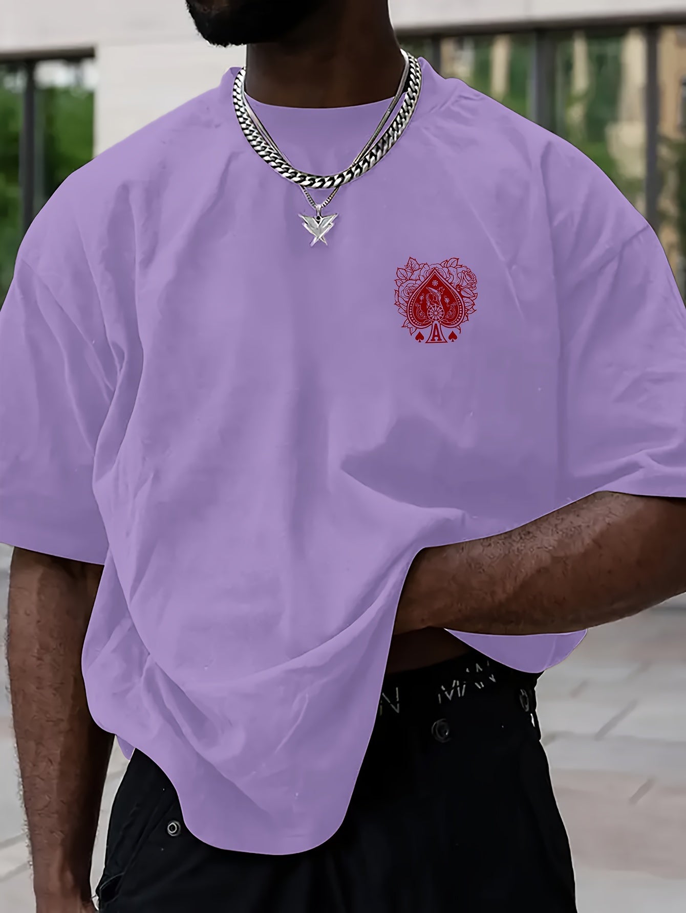 Men's Casual Hip-Hop Street Style Death Skull Ace of Spades Print T-Shirt - Loose Fit, Round Neck, Polyester Knit Fabric, Summer Collection