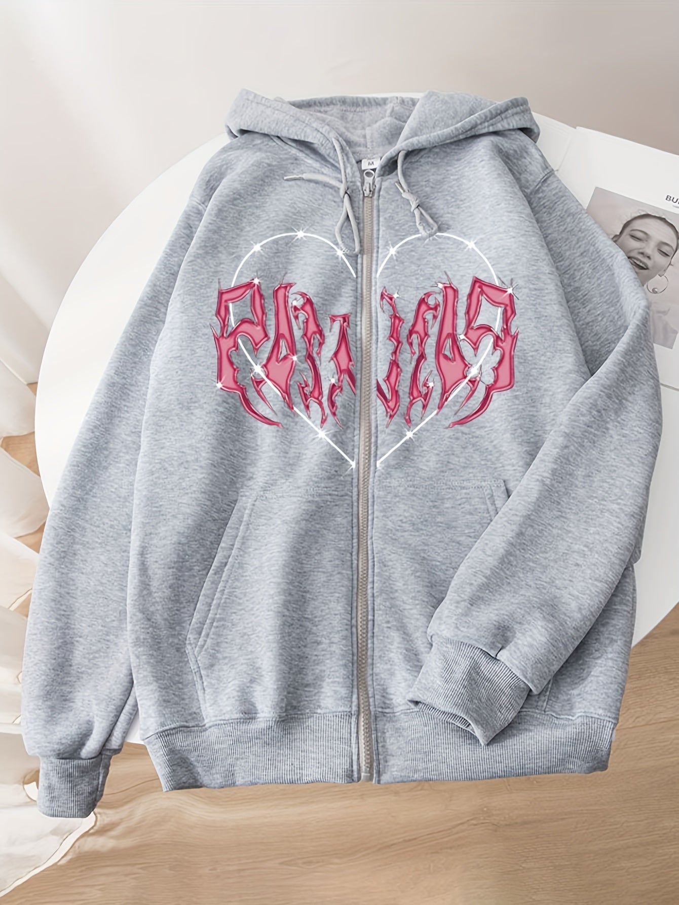 Heart Graphic Long Sleeve Zip Up Drawstring Hoodie, Stylish Pockets Loose Letter Print Sweatshirt, Women's Clothing