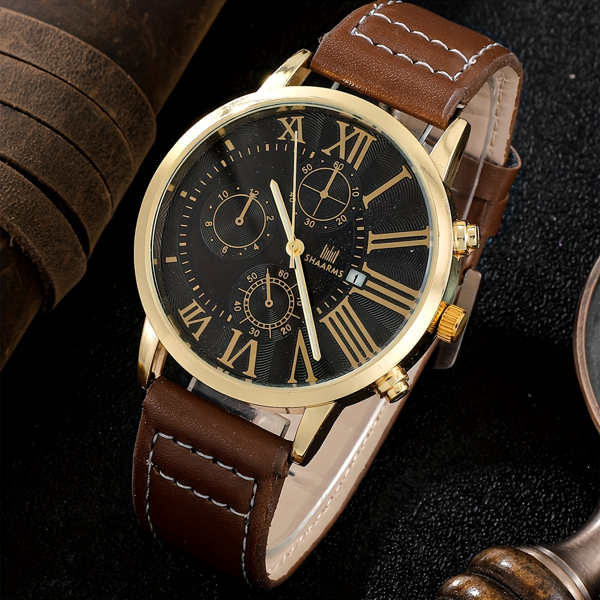 4pcs Men's Elegant Quartz Watch & Bracelet Set - Fashionable Brown with Golden Accents, Calendar Feature, Faux Leather Strap - Ideal Gift for Him